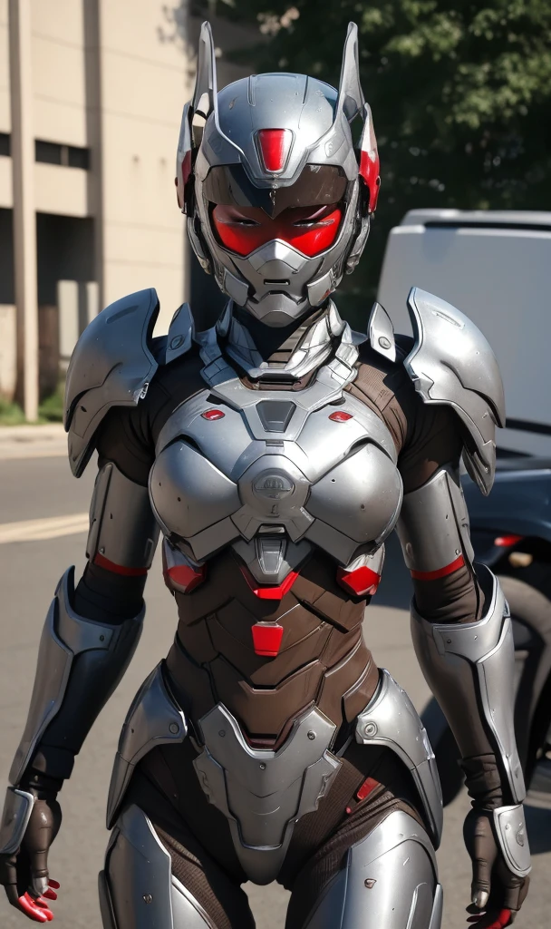 Textured skin, Super Detail, high details, High quality, Best Quality, hight resolution, 1080p, hard disk, Beautiful,(War Machine),beautiful cyborg woman,red and black mecha cyborg girl,Battle Mode,Girl with a Mecha Body(Red and black),She wears a futuristic war machine weapon mech、Very Shorthair、Brown eyes、Sweaty face、Frightened look、 Opening Mouth sexy eye Steam from the head
