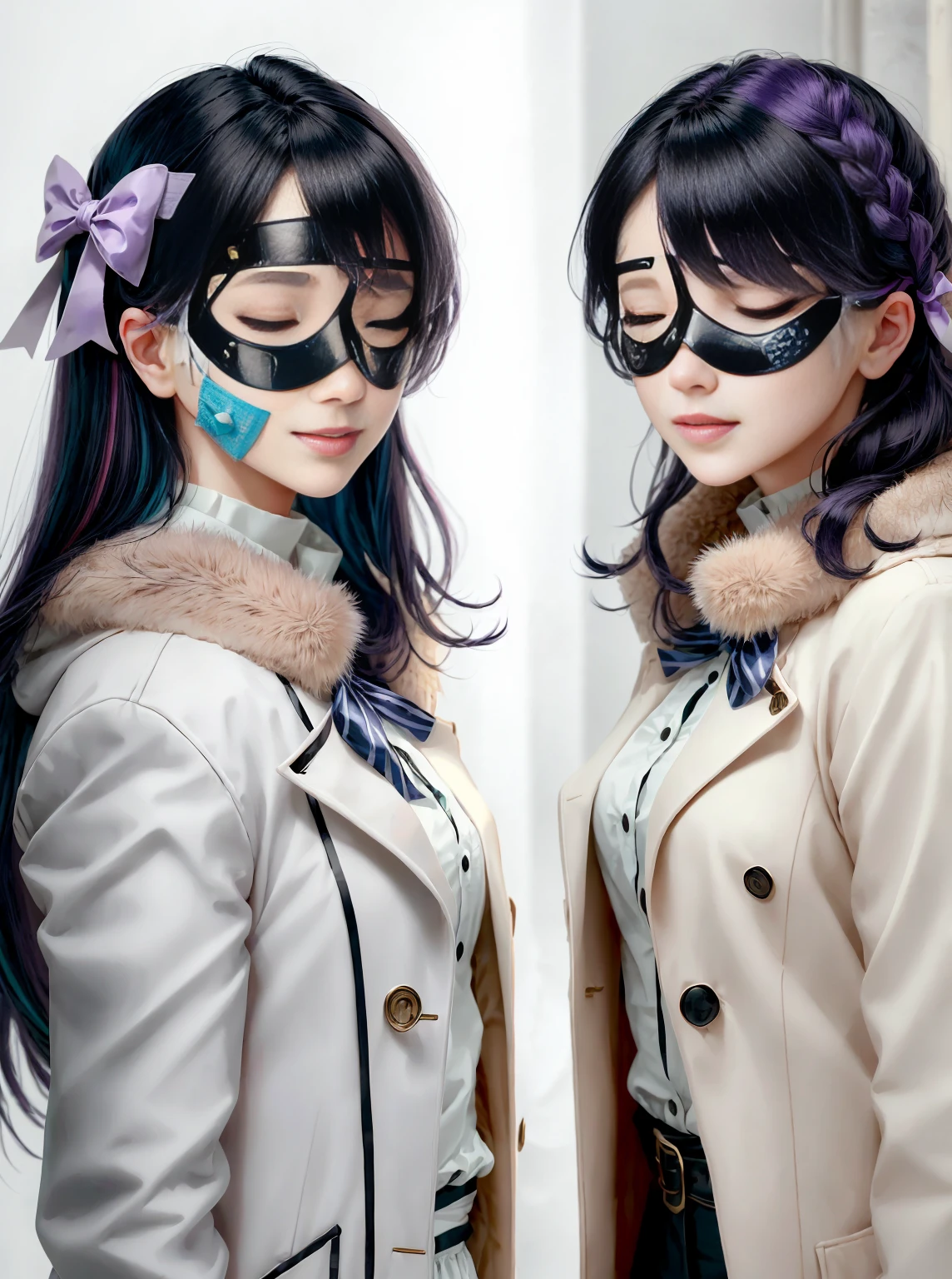 ((Custom Eye Masks)), ((Patterned masks)), ((Patterned eye mask)), String Hair Ribbon, Purple hair, ((Realistic)), ((photorealisim)), ((Photorealistic)), ((Cosplay)), ((Real life)), 1girl in, Solo, Closed eyes, Black hair, multicolored hair, blush, Fur trim, fur-trimmed coat, Smile, coat, Purple hair, Long hair, ((eye mask)), Bangs, Closed mouth, Bow, flying sweatdrops, White coat, bow ribbon, bandaged, Two-tone hair, Upper body, white bow, Hair Ornament