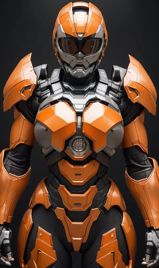 Textured skin, Super Detail, high details, High quality, Best Quality, hight resolution, 1080p, hard disk, Beautiful,(War Machine),beautiful cyborg woman,Orange and black mecha cyborg girl,Battle Mode,Girl with a Mecha Body(orange and black),She wears a futuristic war machine weapon mech、Very Shorthair、Brown eyes、Sweaty face、Frightened look、　Opening Mouth　(facing back) (I'm under fire)