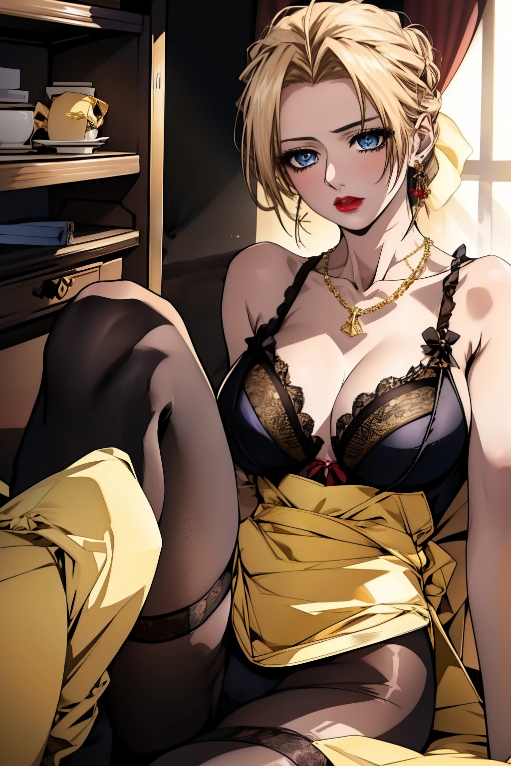 4k, high quality, misako in black lingerie, breasts cup c, black nylon stockings, blue eyes,red lips, gold elegant necklace, gold elegant earrings, blonde hair, sit, living room,