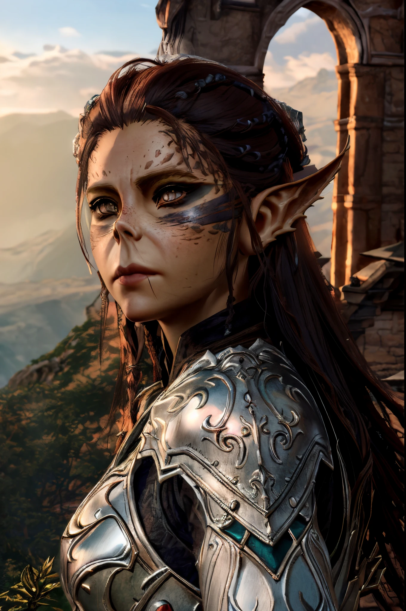 Lae'zel from Baldur's Gate 3, woman in armor with a sword and a castle in the background, half elf woman, female elf, 4 k detail fantasy, elven character with smirk, elf long weaving brown hair, of an elden ring elf, she has elf ears and gold eyes, half orc half elf woman, portrait of an elven warrior, wow 4k detail fantasy