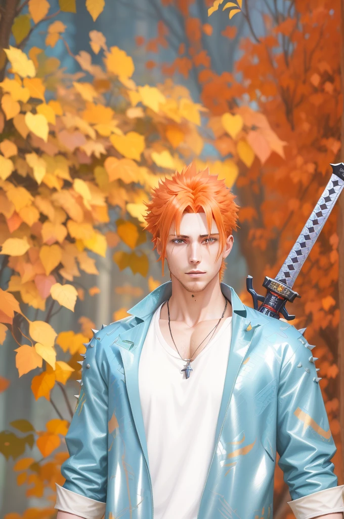 there is a man with orange hair holding a sword in his hand, cyberpunk in foliage, forest punk, spiky orange hair, orange - haired anime boy, handsome guy in demon slayer art, portrait of a cyberpunk samurai, thancred waters in style of wlop, yasuke 5 0 0 px models, anime style. 8k, detailed punk hair