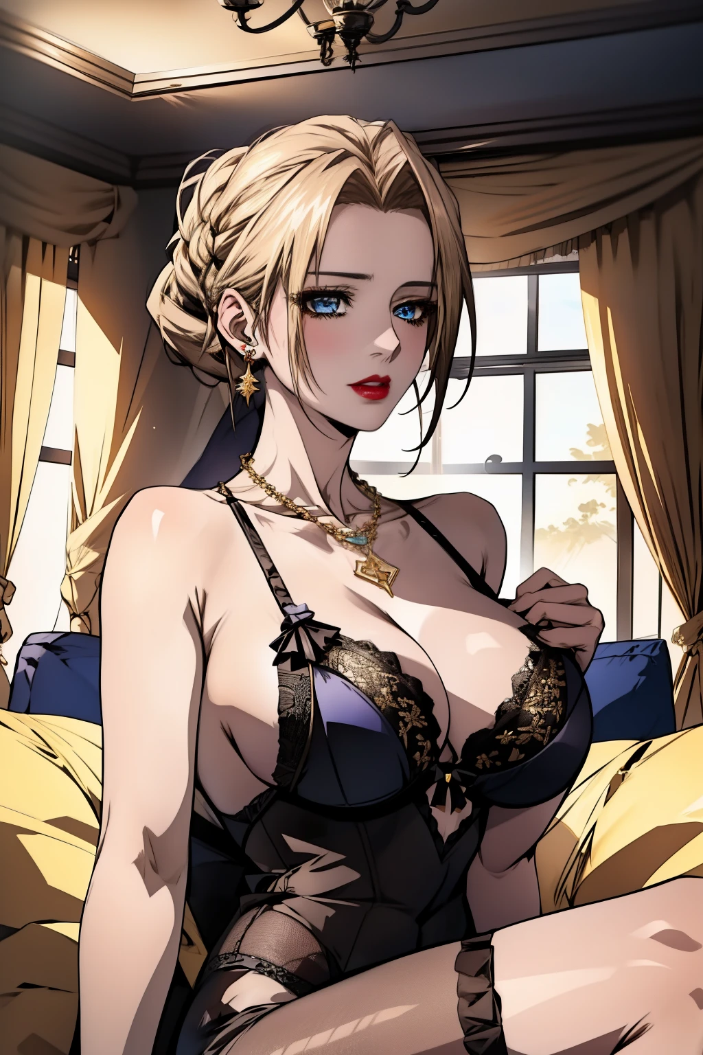 4k, high quality, misako in black lingerie, breasts cup c, black nylon stockings, blue eyes,red lips, gold elegant necklace, gold elegant earrings, blonde hair, sit, living room,