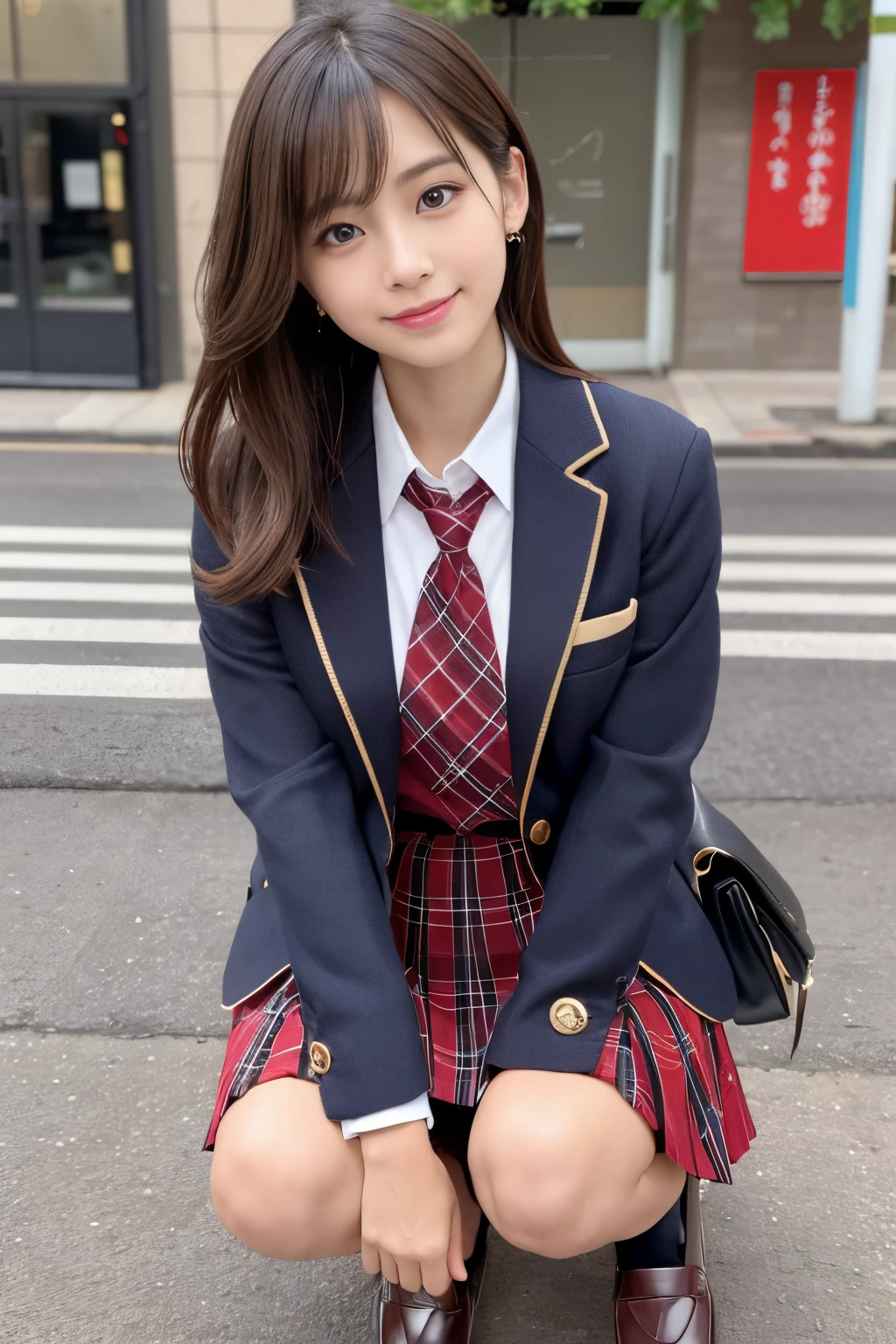 masutepiece, Best Quality, 8K、(Golden Ratio Face、Balanced eyes、very vivid eyes、slightly drooping)、二重まぶた、An innocent face、Young Face、Beautiful nasal muscles、Shy laughter、lipgloss、Balanced style、Bob Hair、Very beautiful girl、Beautiful girl solo like a model、Blazer Uniform、Tie blouse、Red Tartan Check Pleated Skirt、Loafer shoes