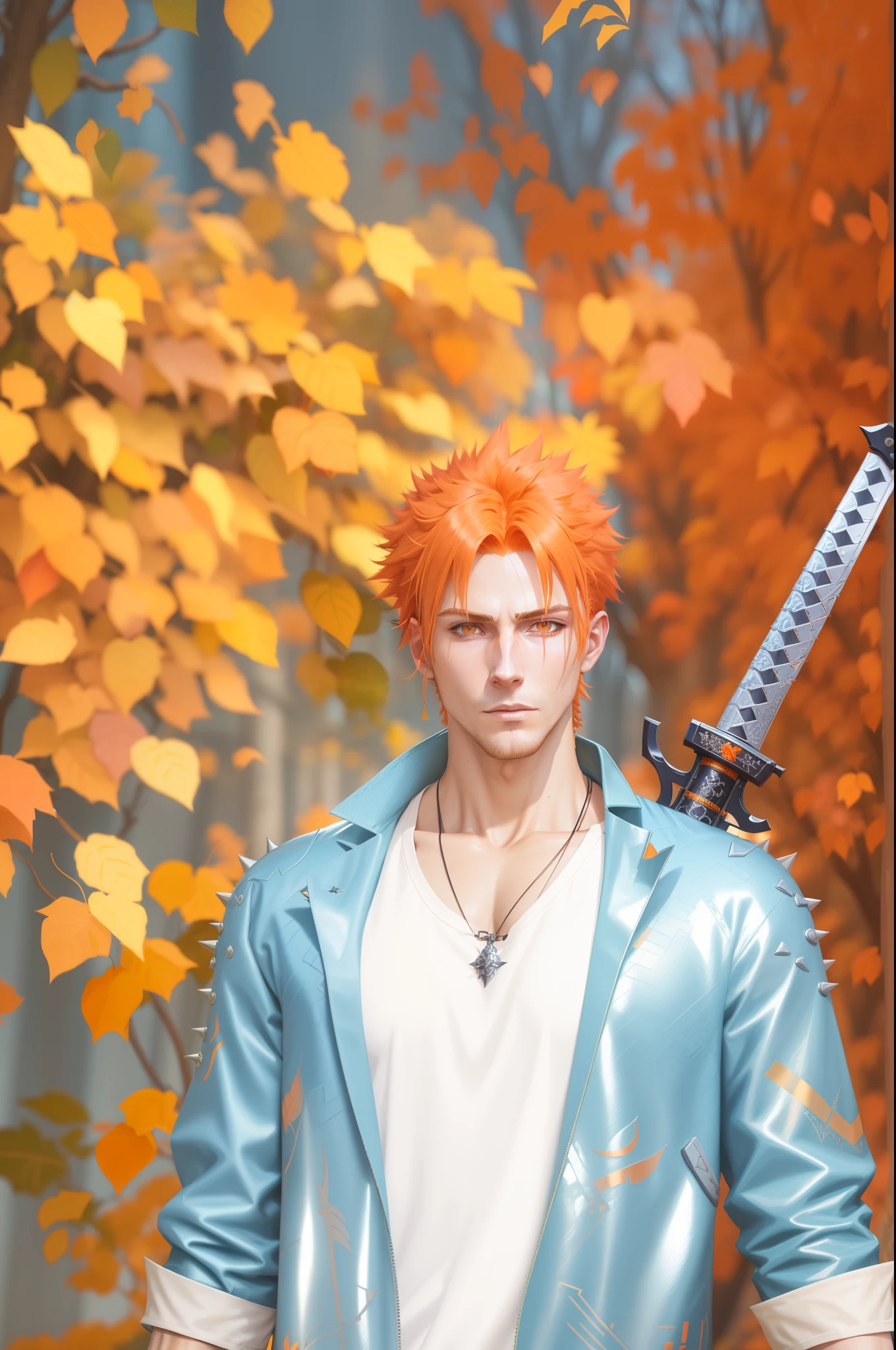 there is a man with orange hair holding a sword in his hand, cyberpunk in foliage, forest punk, spiky orange hair, orange - haired anime boy, handsome guy in demon slayer art, portrait of a cyberpunk samurai, thancred waters in style of wlop, yasuke 5 0 0 px models, anime style. 8k, detailed punk hair