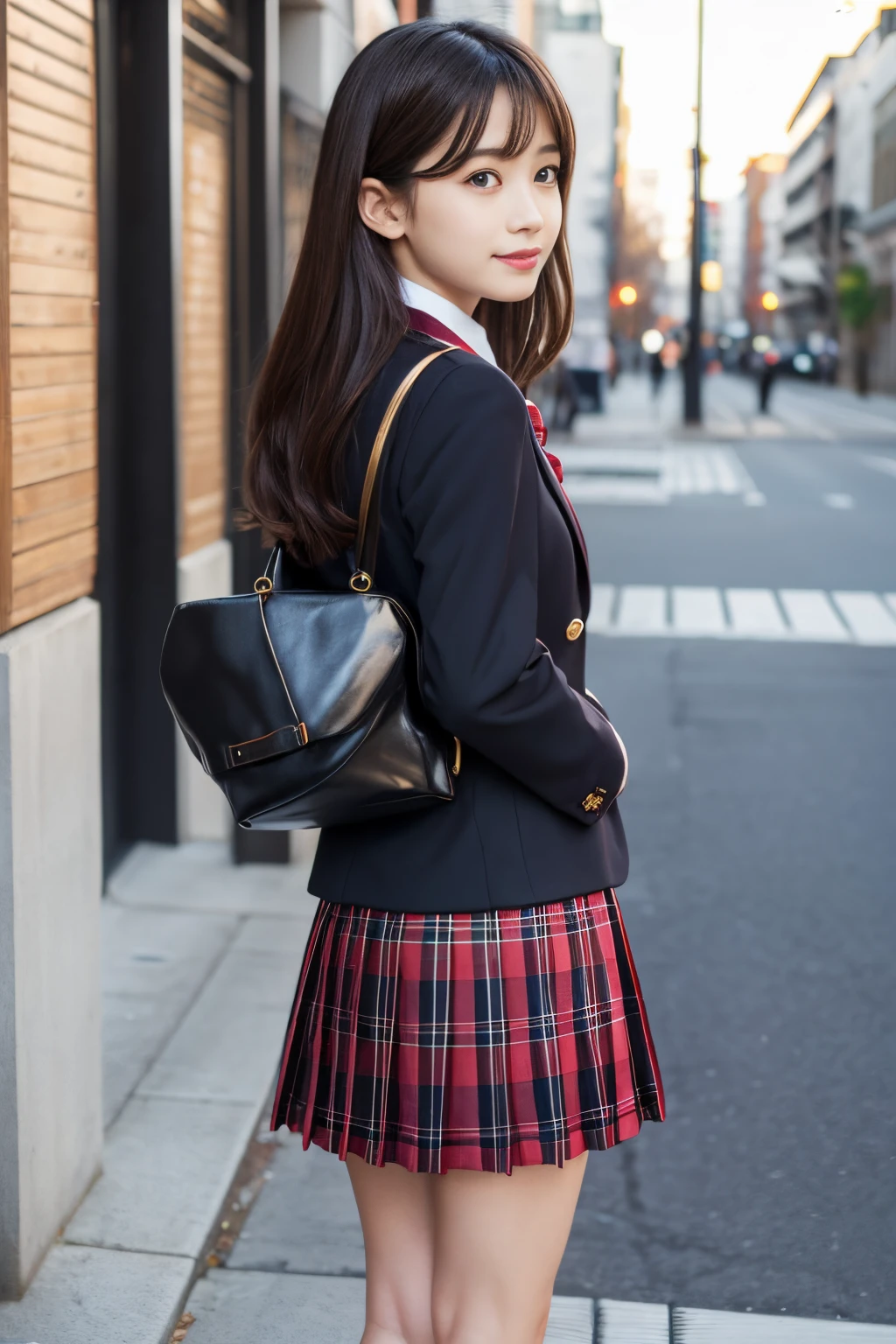 masutepiece, Best Quality, 8K、(Golden Ratio Face、Balanced eyes、very vivid eyes、slightly drooping)、二重まぶた、An innocent face、Young Face、Beautiful nasal muscles、Shy laughter、lipgloss、Balanced style、Bob Hair、Very beautiful girl、Beautiful girl solo like a model、Blazer Uniform、Tie blouse、Red Tartan Check Pleated Skirt、Loafer shoes、photographed from the back
