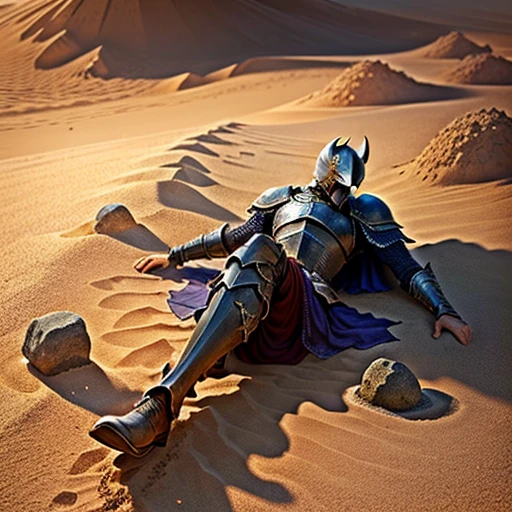 Dark souls Knight laying in mystical sand area with stones with writing on it