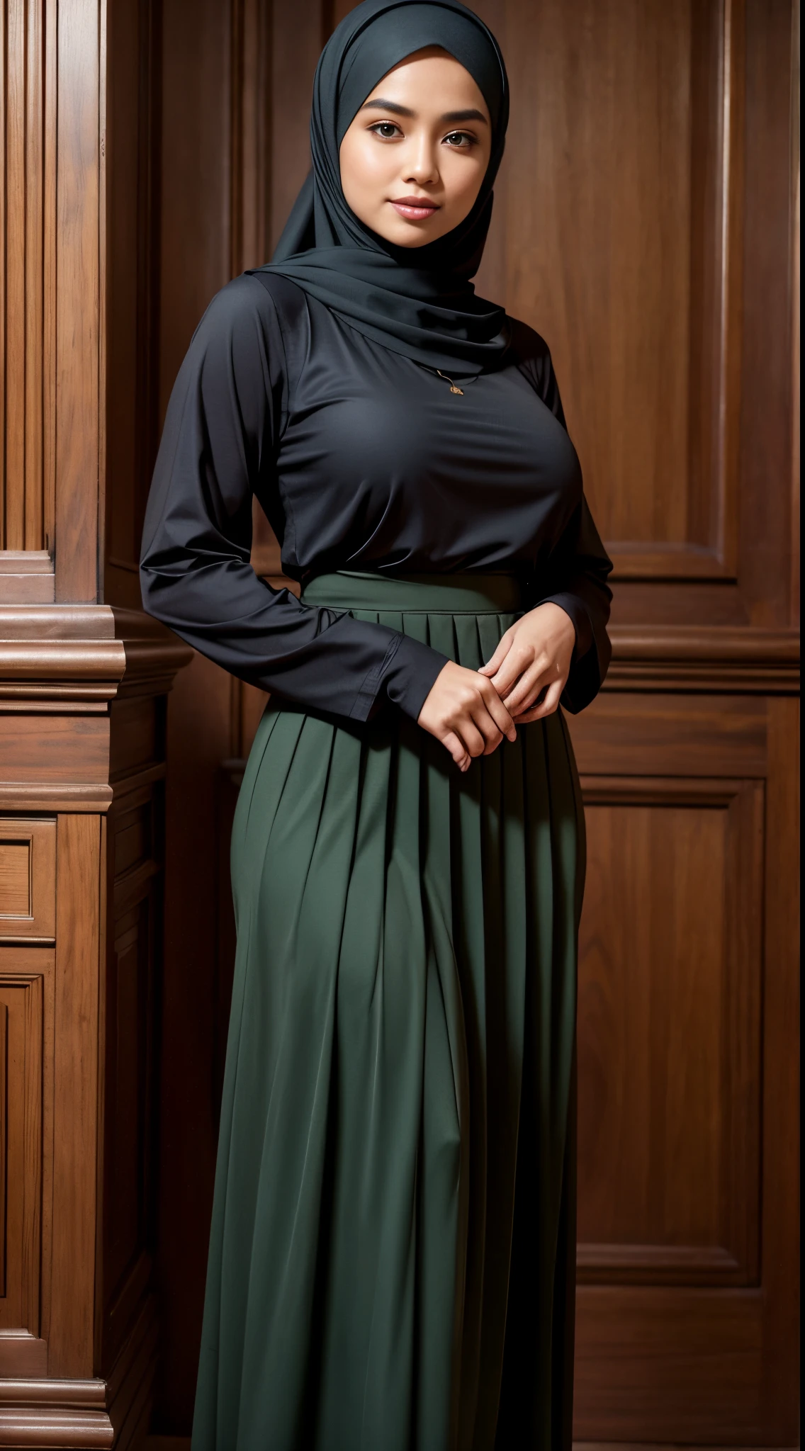 RAW, Best quality, high resolution, masterpiece: 1.3), beautiful Malay woman in hijab (iu:0.8), perfect nose, perfect lips, beautiful face, perfect eyes, detail :1.2),((big breasts)), masterpiece, quality best, very detailed,perfect body, woman in black skirt and green blouse, long skirt, simple dress, hijab, beautiful look, simple flowing dress, pleated skirt, simple style, long dress woman, wearing a long eloquent skirt, full body image, wearing a long cloth flowing, black skirt, (sweet smile:1.1), (glossy lips:1.1), (beautiful eyes:1.1),big round buttocks, from behind, (looking at the audience, looking back, facial details, double eyelids, smiling) background of the old building in the forest, covered in mouth