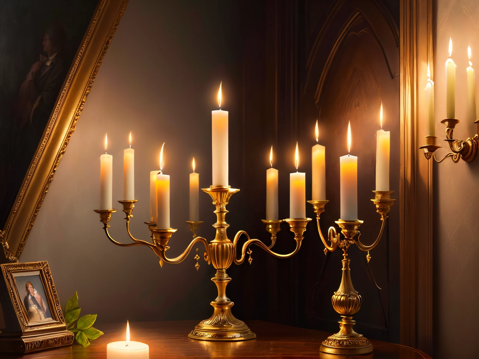 A realistic still life painting of an elegant candelabra with lite candles