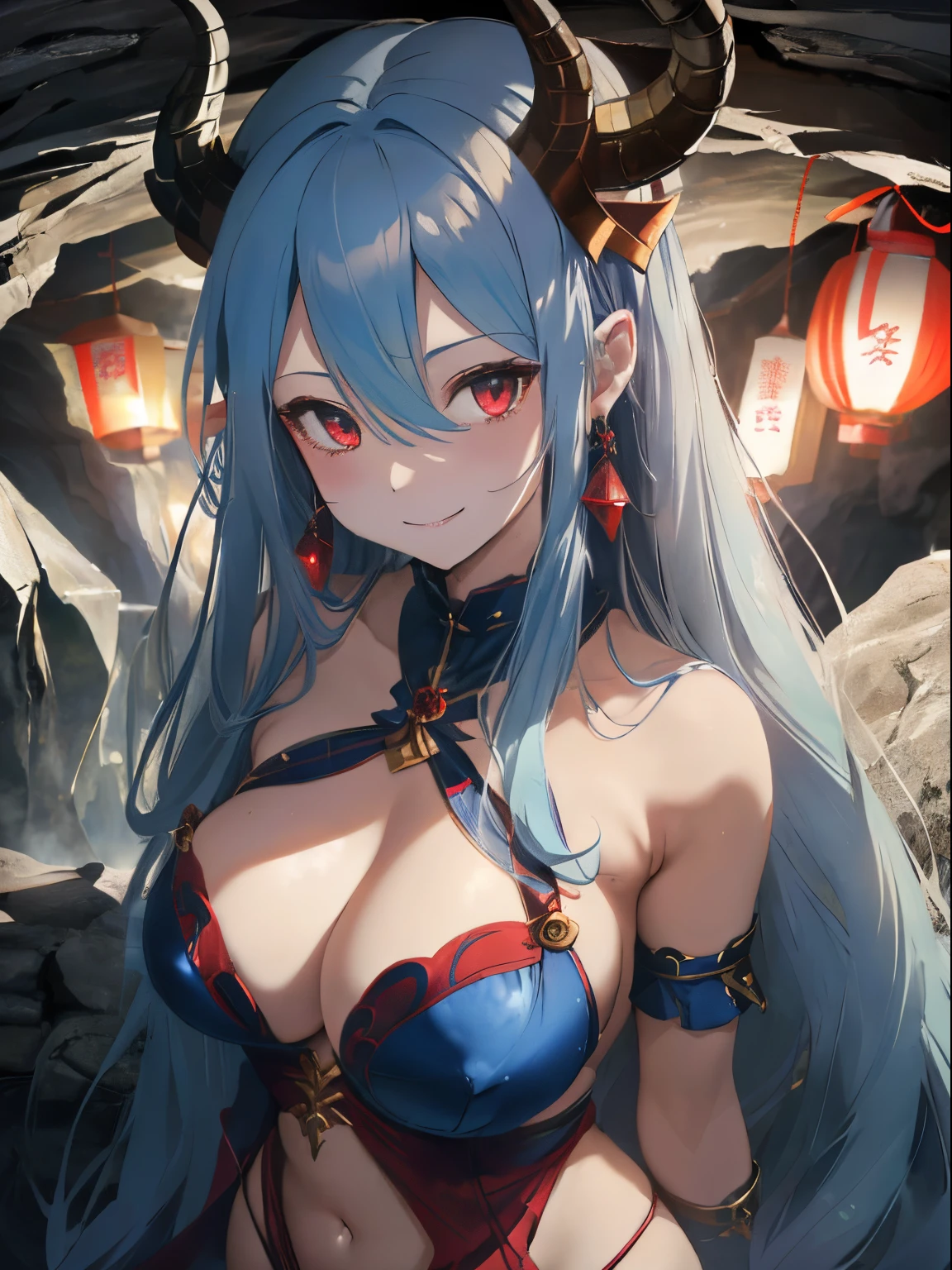 (ultramarine dull blue hair),(Long curled hair),(Red Eyes),Slight red tide,((A dark cave-like place surrounded by rocks)),((A row of lanterns emitting pale blue light)),(Dragon feather hair ornament、About the horns of the head。),((tusk)),(Bold costumes that show off your chest),((The lower body is a dragon'Tail)),(a person々takeout),((Tiamat)),(smiling slightly),((Looking at me shyly)),(NSFW),