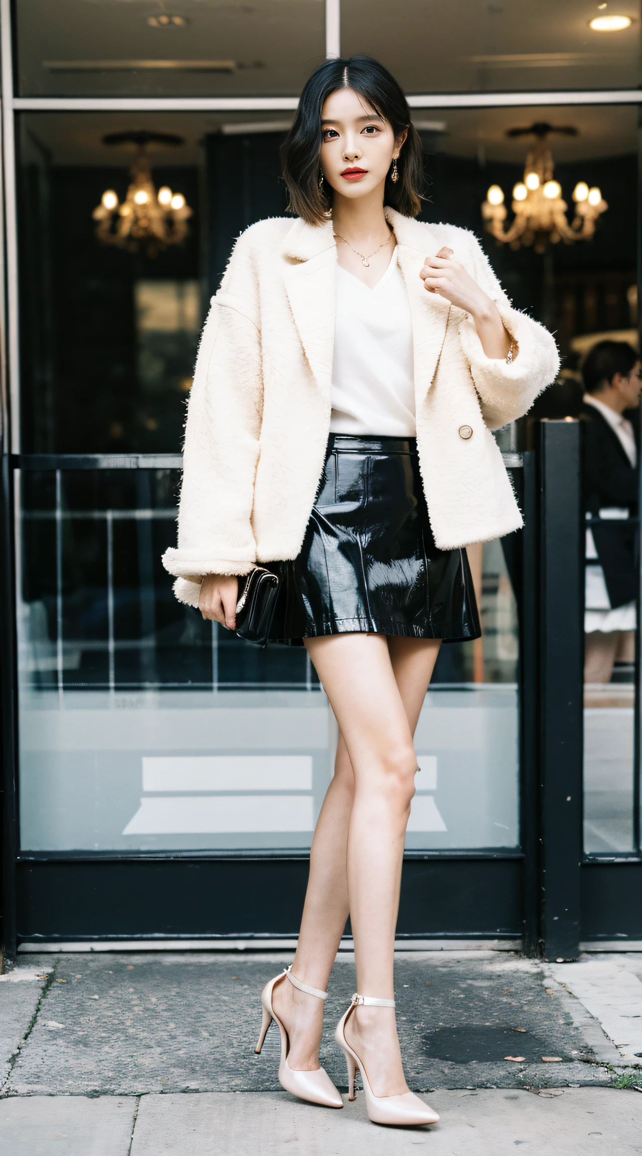 Best quality,tmasterpiece,超高分辨率,(realness:1.4),RAW photos,hyper HD,8K,There is one girl,Stylish clothes,Chanel style,Stylish skinny suit, wearing jacket and skirt,high-class fashion,ellegance, White and black clothes, short skirt and a long jacket, black pantyhoses,best selling, high-heels,Casual pose