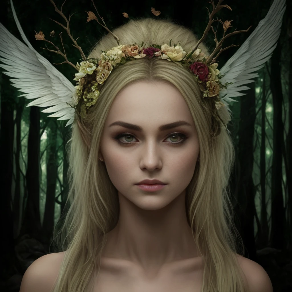 chica de pelo rubio con alas de hada y una corona de flores, Retrato de hada, Retrato de un hada, Retrato de la princesa de las hadas, Adolescente Fae, Retrato de elfo muy hermoso, Hada del bsque, mirada de hada, Fae del bosque, Fae, Retrato de un elfo, Retrato de hada,