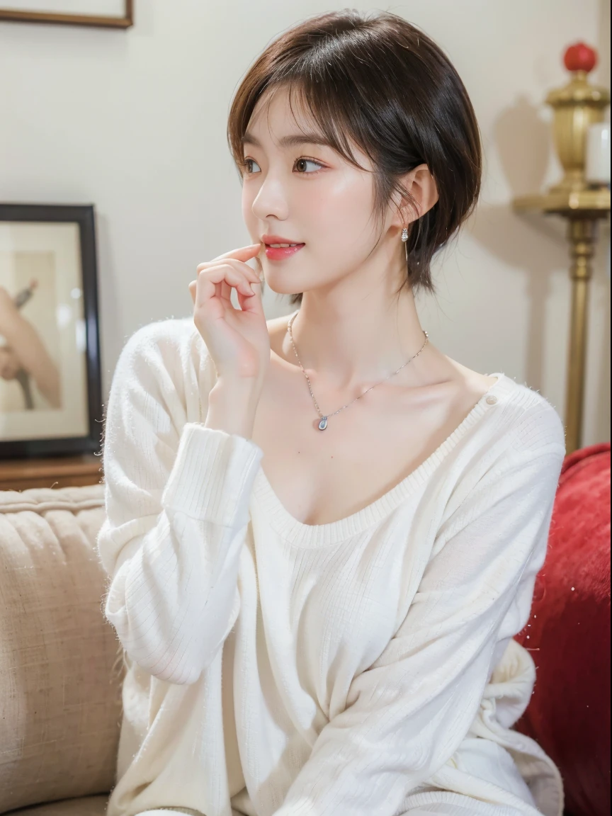 beautiful japanese female、Short hair, Bangs, Blonde, Beautiful eyes, Beautiful face, (cute smile face), Raw photo, 8K, detaileds, ((In the living room:1.3)), (white and warm clothes), Pale lips, White skin, Textured skin, (High detailed skin), ((detailed finger)), Detailed fingers, Perfect body, Perfect face, (Blurry background), Midnight, (Pretty girl), earrings, Bracelets, Necklace, (pale skin), (A hyper-realistic)、Winter clothes、brightly lit room、((30Japan year old woman))、profile、Shot in natural light、white walls、Taken in front of the white door