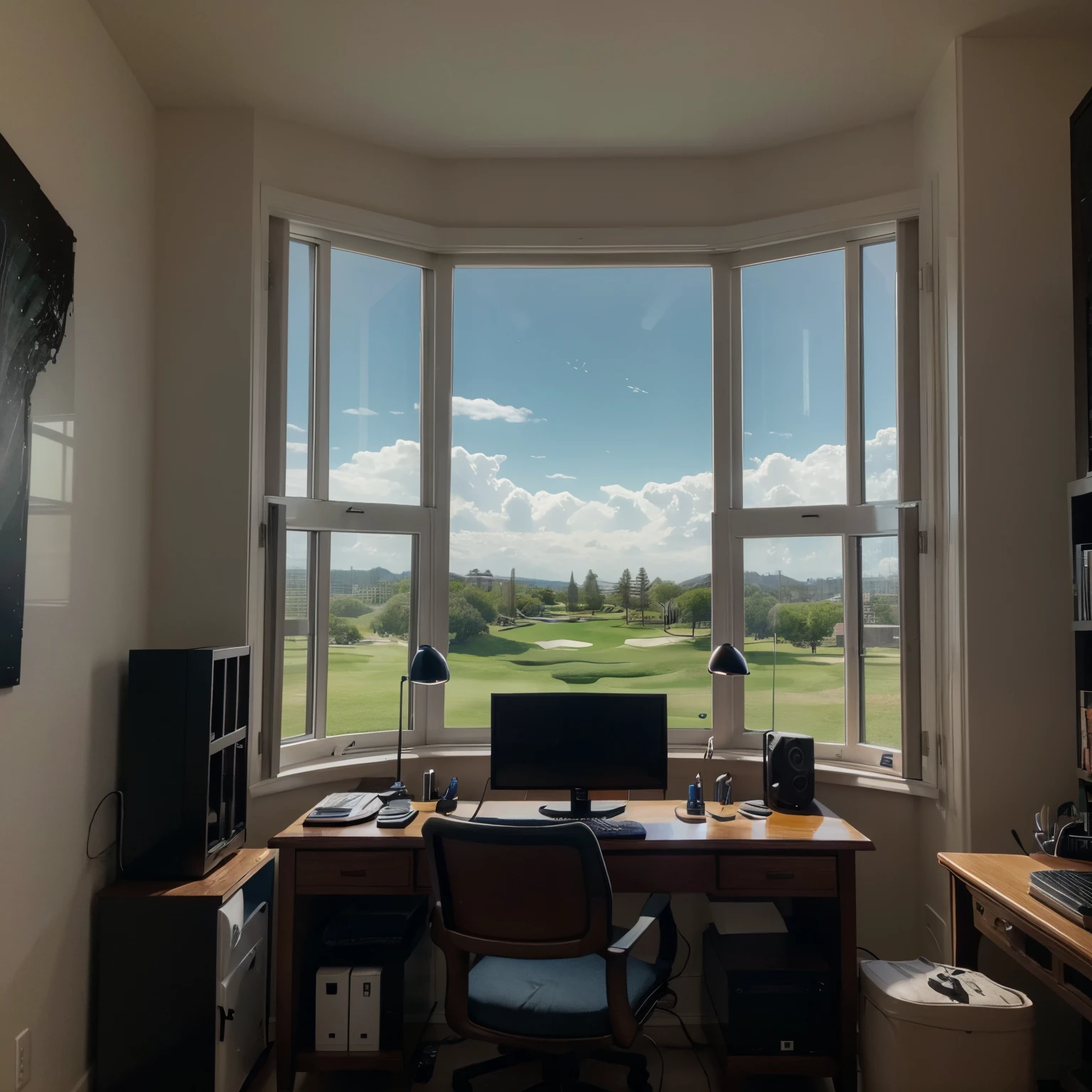 (Ink, amazing: 1.3, unified 8k wallpaper, realistic, detailed: 1.2, masterpiece, illustration), a small room that has one window with a golf course view and next to the window place a desk with a gaming pc and monitor