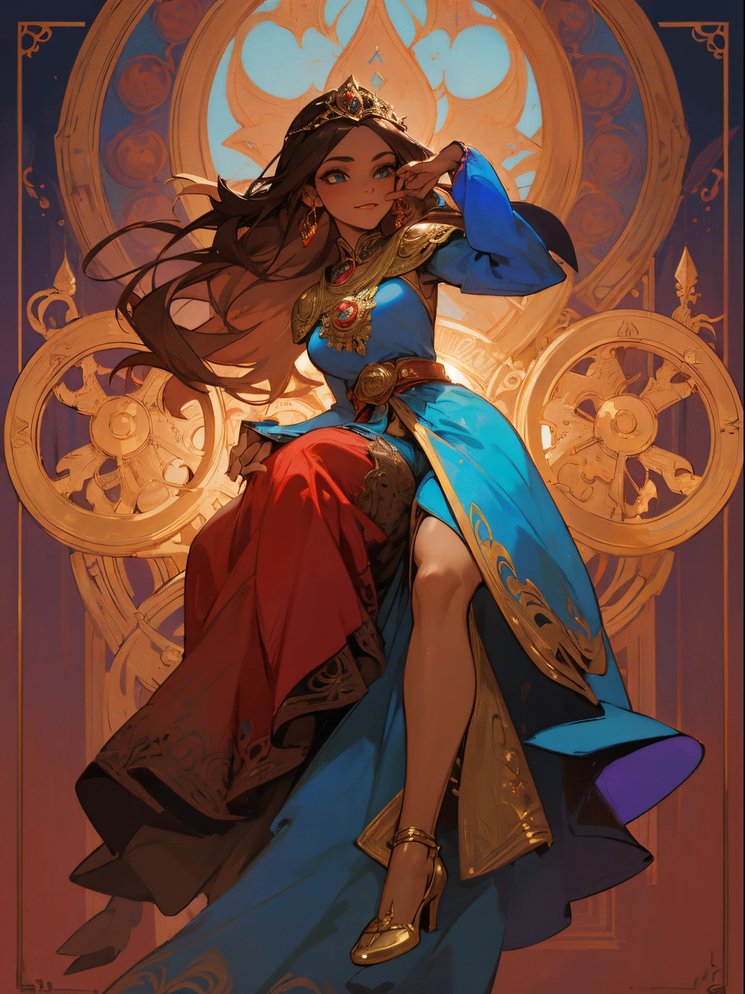 ((highest quality)), ((masterpiece)), (be familiar with),Leonardo da Vinci, Leonardo da Vinci, Leonardo da Vinci \(destiny\),Long Hair,blue eyes,Brown Hair,,nsfw,Sleeveless dress,Gorgeous blue dress,Gold embroidery,High heels,Fascinating,Long skirt