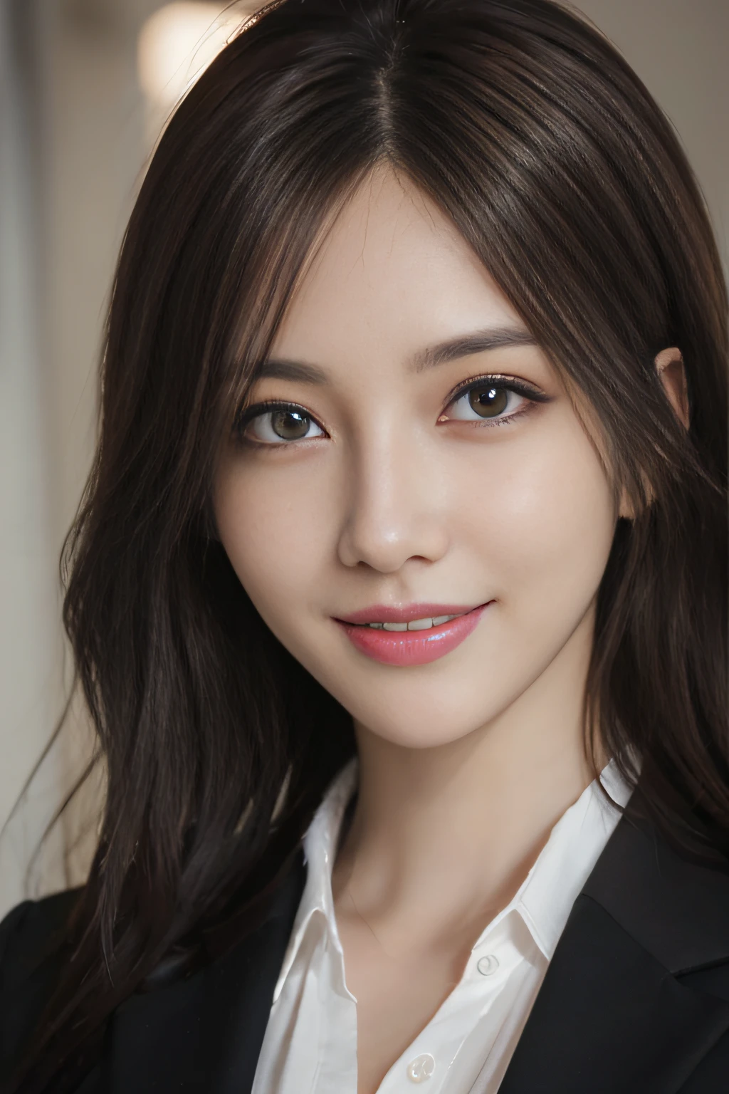 masutepiece, Best Quality, Photorealistic, Ultra-detailed, finely detail, High resolution, 8K Wallpaper, 1 beautiful woman,, light brown messy hair, in a business suit, foco nítido, Perfect dynamic composition, Beautiful detailed eyes, detailed hairs, Detailed realistic skin texture, Smiling, Close-up portrait, Model body type