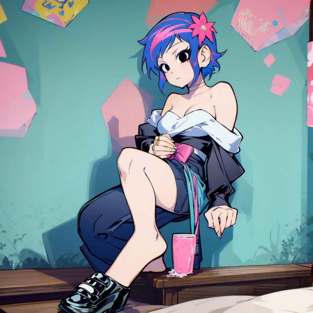 Ramona Flower, black top, multicolor hair, black eyes, blue short with skirt, black shoe, comic book style, vibrant colors, perfect lighting, high resolution, detailed character, dynamic pose, graffiti wall background