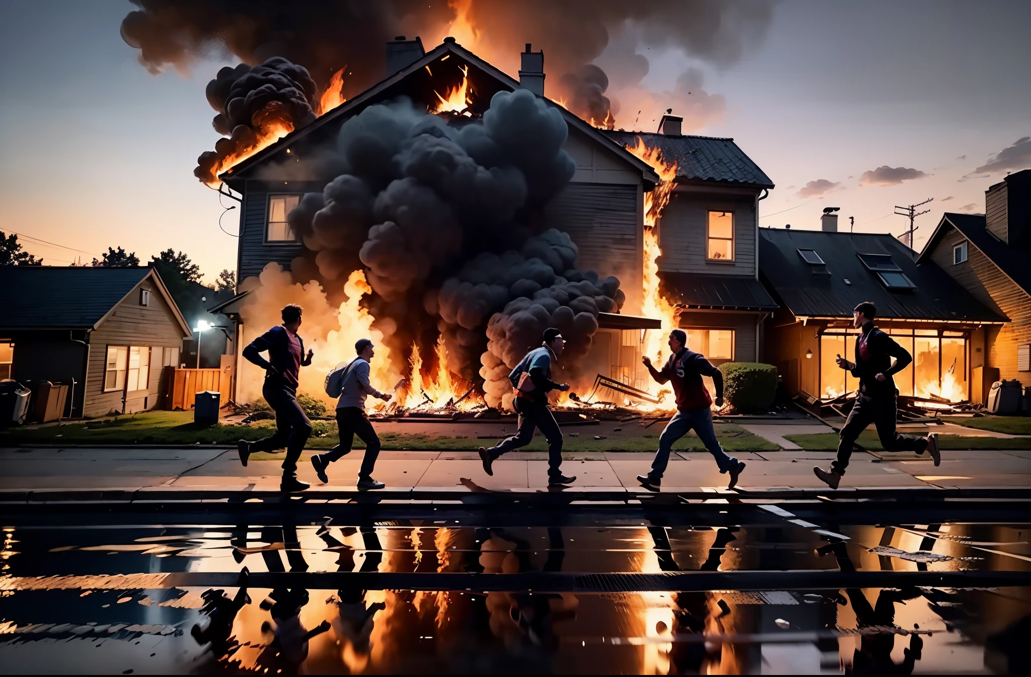 realistic people running away from a burning frat house some people on fire and it's three guys watching this happen from the side of the street the house is on and they see to the. right of the house a pool and they laugh