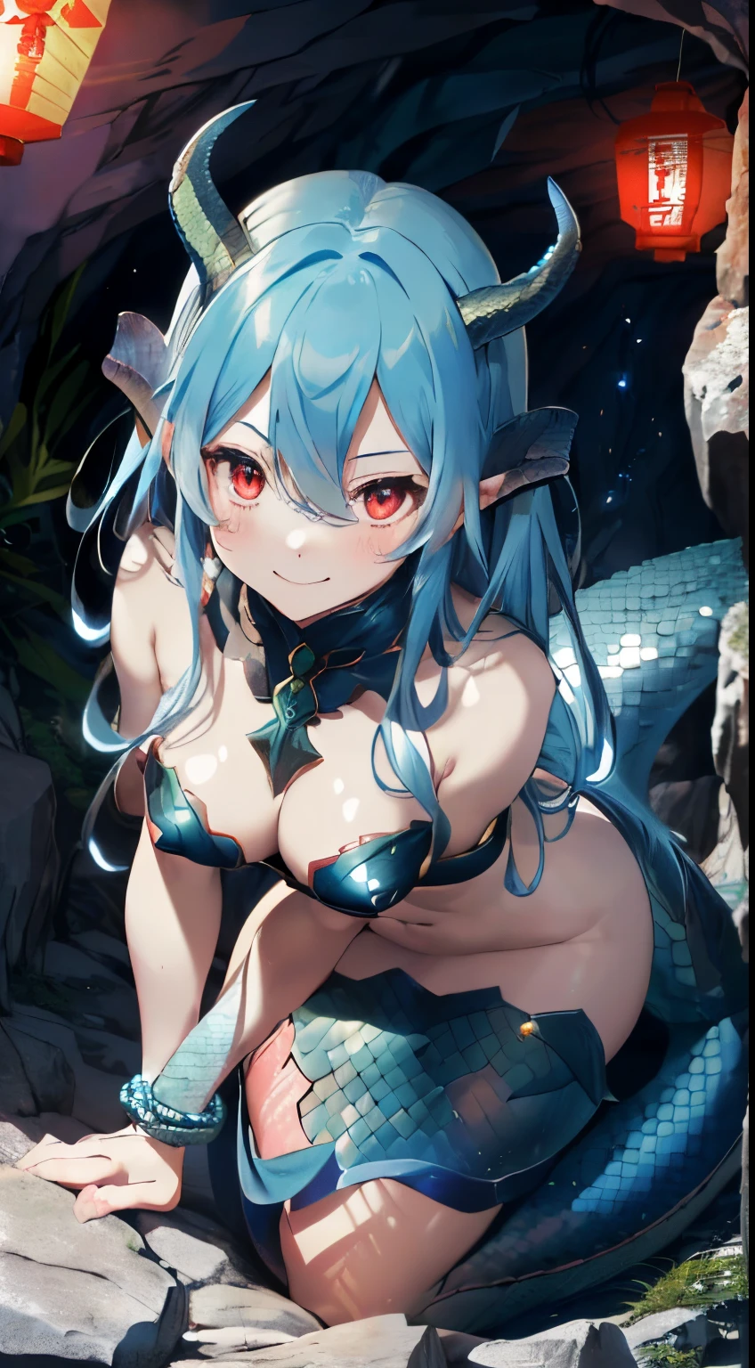 (ultramarine dull blue hair),(Long curled hair),(Red Eyes),Slight red tide,((A dark cave-like place surrounded by rocks)),((A row of lanterns emitting pale blue light)),(dragon feather hair ornament、About the horns of the head。),((tusk)),(Bold costumes that show off your chest),((The lower body is a dragon'tail)),((Snake-like lower body like a mermaid)),(a person々takeout),((Tiamat)),(smiling slightly),((Looking at me shyly)),(NSFW),