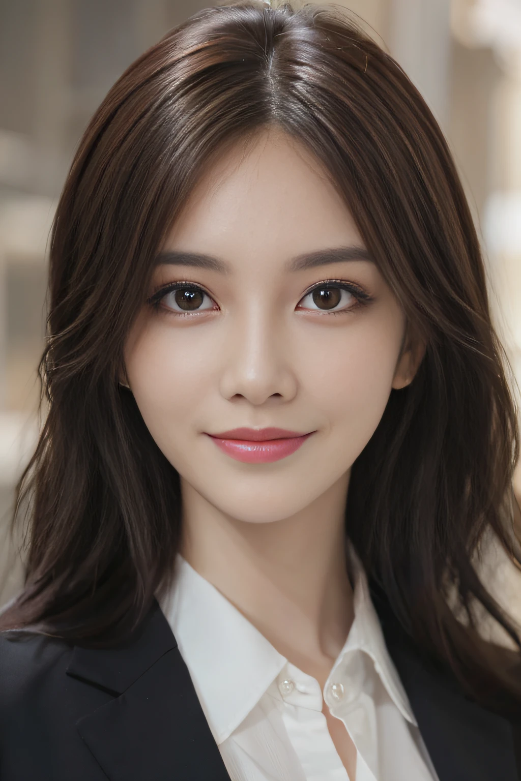 masutepiece, Best Quality, Photorealistic, Ultra-detailed, finely detail, High resolution, 8K Wallpaper, 1 beautiful woman,, light brown messy hair, in a business suit, foco nítido, Perfect dynamic composition, Beautiful detailed eyes, detailed hairs, Detailed realistic skin texture, Smiling, Close-up portrait, Model body type