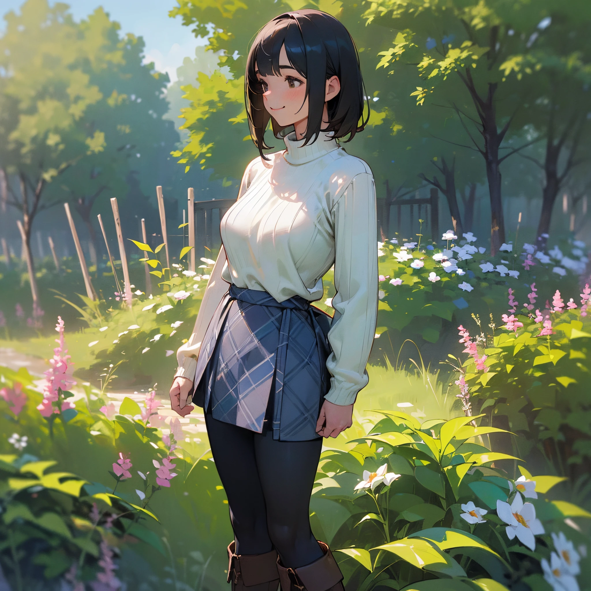 (High quality, High resolution, Ultra-detailed, Realistic:1.37), peaceful ambiance, (plein air, garden), girl standing alone, (My breasts are big.), Beautiful detailed features, Cute smile, (Black bob hair), Ribbed sweater, blue plaid skirt, Black tights, Brown boots.