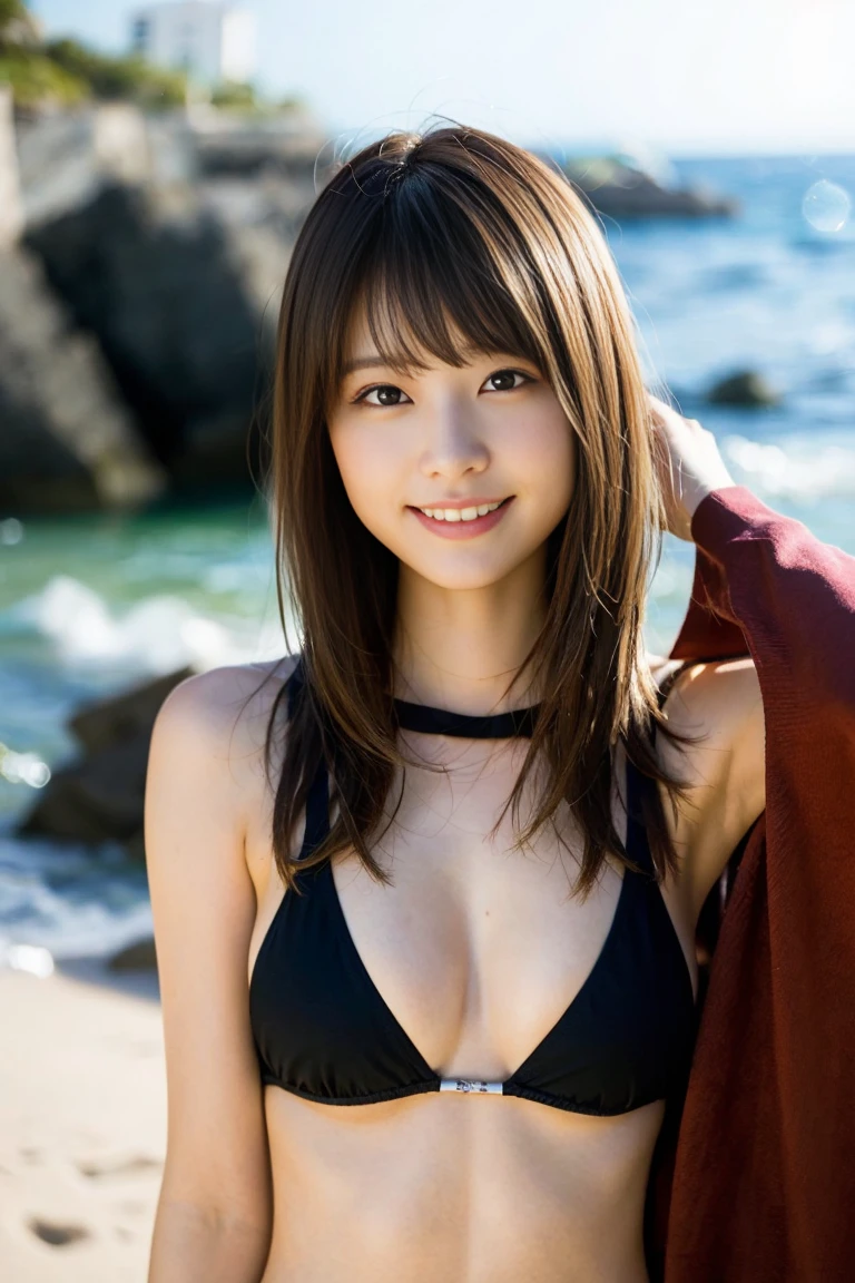 (8K、Raw photography、top-quality、masterpiece:1.2)、(realisitic、Photorealsitic:1.37)、ultra-detailliert、超A high resolution、1人、see the beholder、beautifull detailed face、A smile、Constriction、(Slim waist) :1.3)、Beautiful detailed skin、Skin Texture、Floating hair、Professional Lighting、Whole human body、Longhaire、a blond、Bob Hair、Happy smile、sixteen years old、swim wears、mare、Okinawa、the beach、Bikini with blue、E Cup Breast、Pose with sides visible