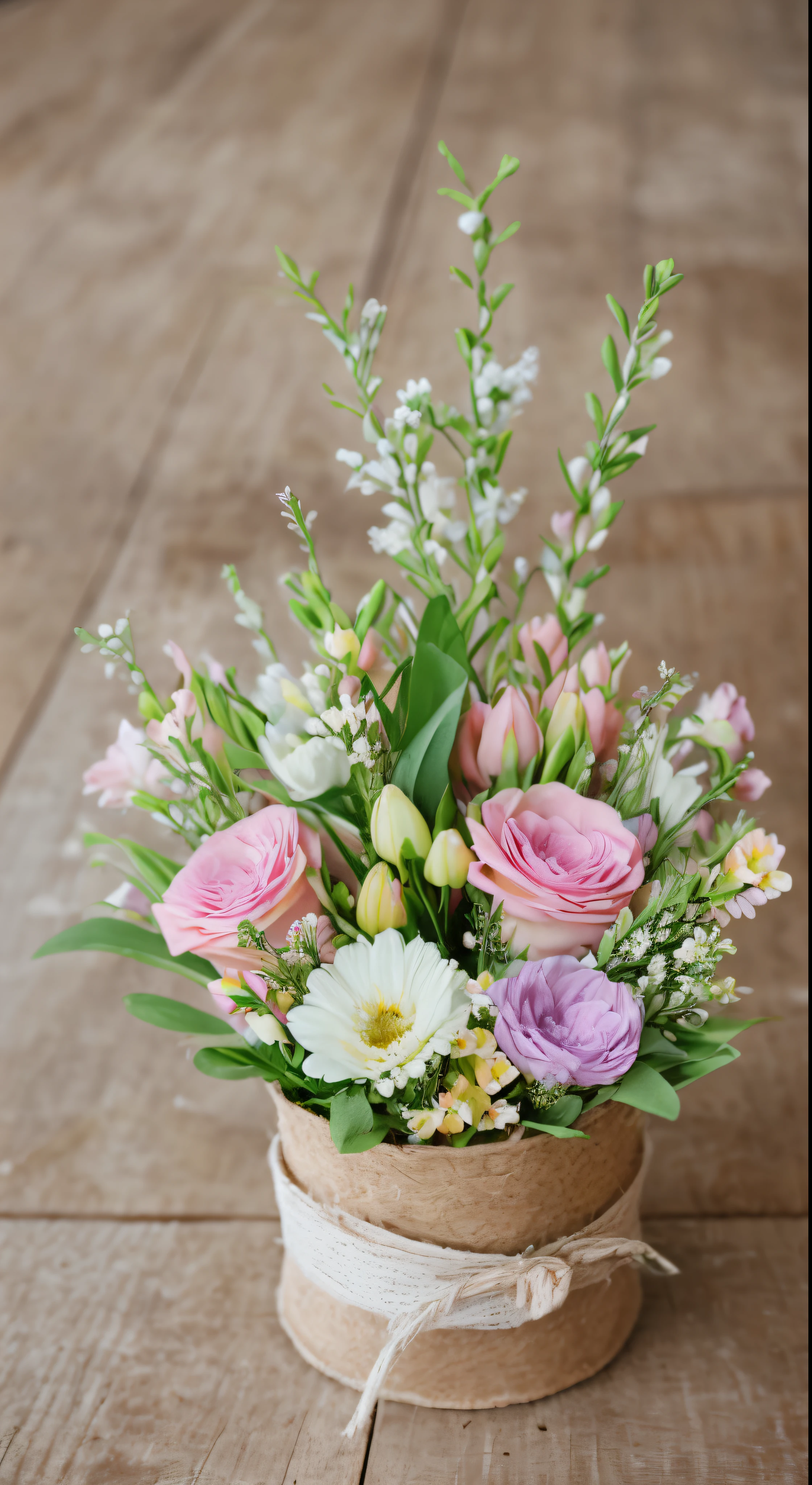 spring flower posy, pastel spring natural flowers, hand tied, laid on rustic table, 14mm f1/8, full bunch, zoom out