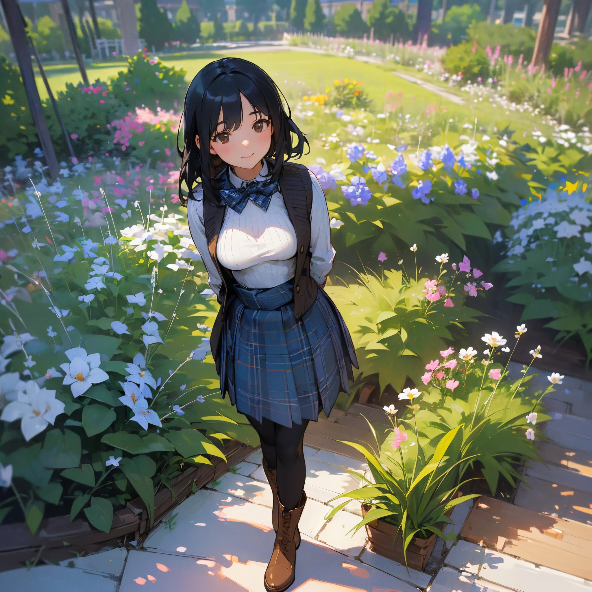 (High quality, High resolution, Ultra-detailed, Realistic:1.37), peaceful ambiance, (plein air, garden), Teenage girl standing alone, (My breasts are big.), Beautiful detailed features, Cute smile, (Black bob hair), Ribbed sweater, blue plaid skirt, Black tights, Brown boots.