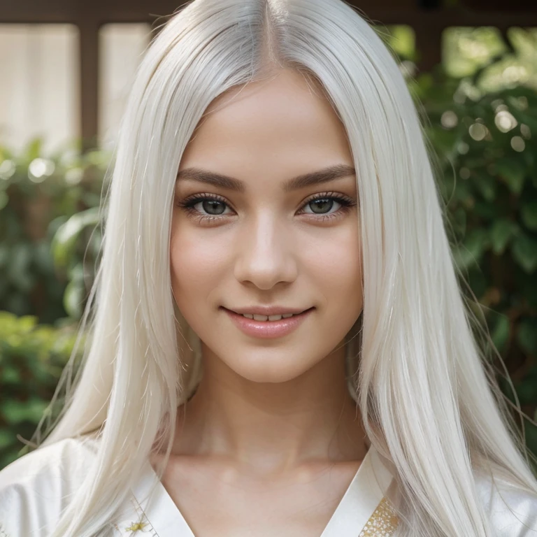 Beautiful mixed young woman with long straight white hair, She wears a kimono, She smiles at the camera, very beautiful, like a princess, The image will be completely brightened, Very detailed, including realistic hands and white hair, Le style est photographique, Nikon D850 fuji TX photorealistic, grey eyes, beautiful mixed girl with dark skin, all hair is white, no band in hair, beautiful and young, innocent face, shy and delicate beauty