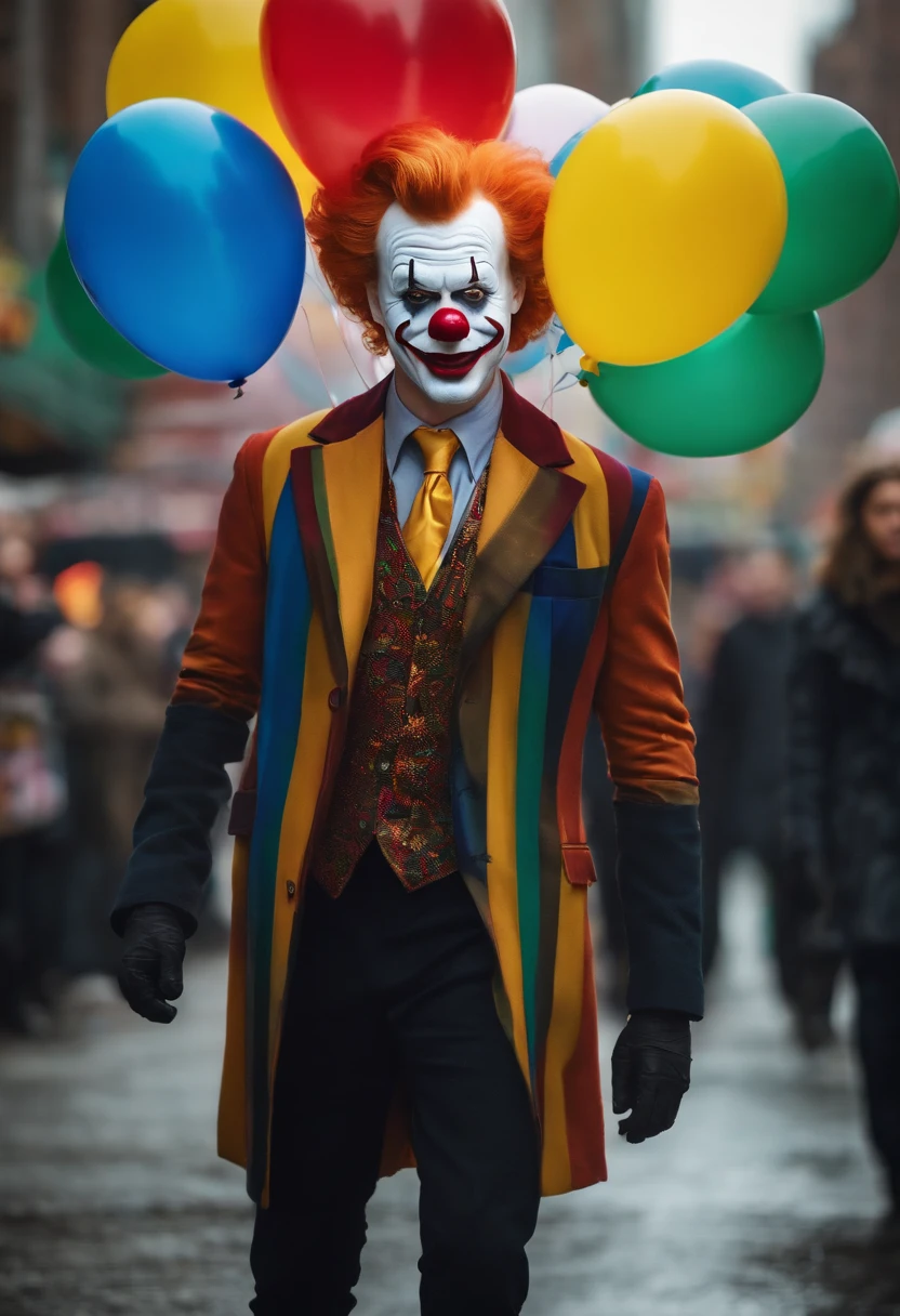 The image is of Jerome standing in the middle of a busy street, wearing a colorful, distorted clown mask and holding a handful of colorful balloons.,Gotham TV series,Jerome is tall, pale, has short ginger hair, famously portrayed by Cameron Monaghan, male
