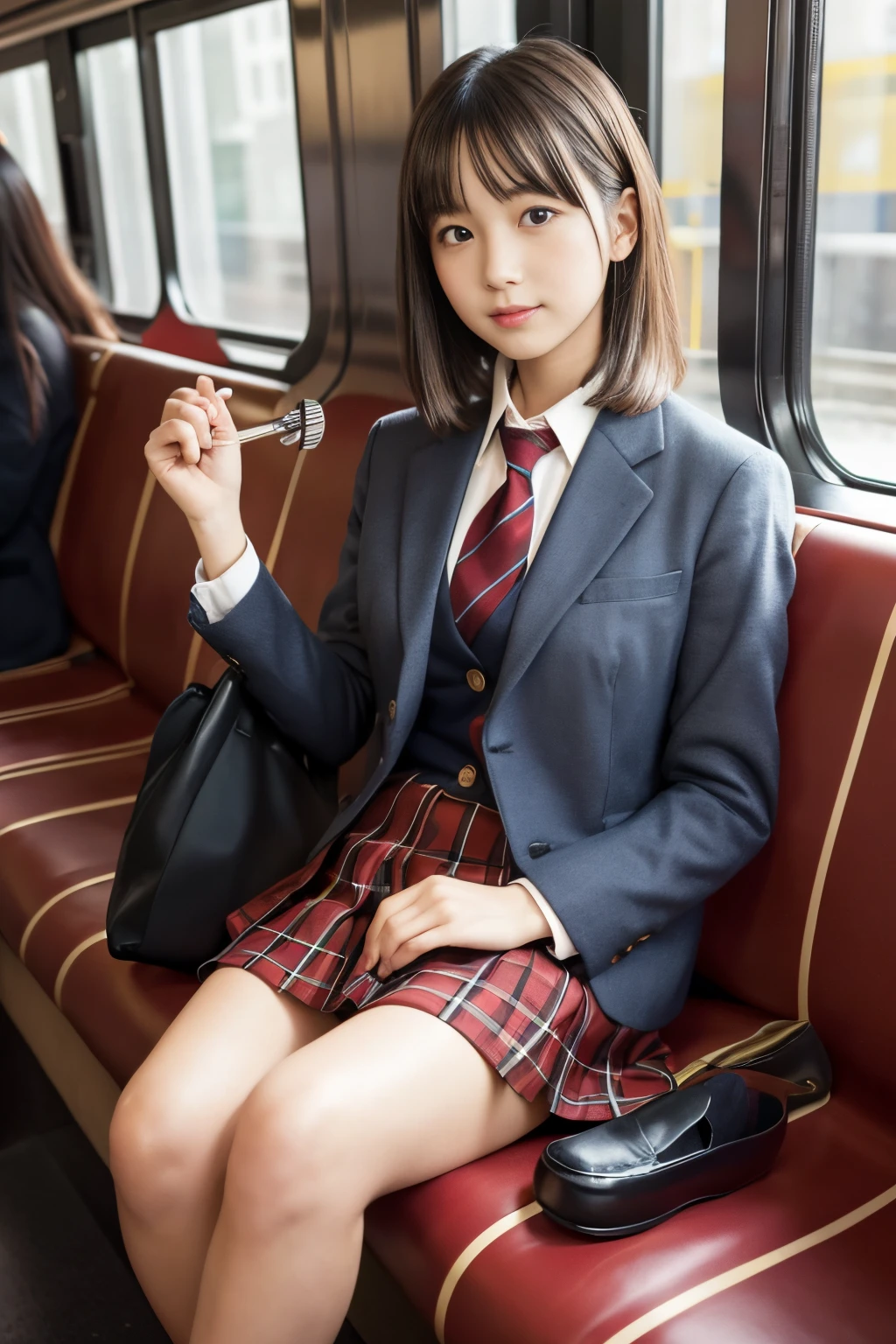 1 girl, extremely bright backlight, Solo, {Beautiful and detailed eyes}, Autumn morning, Large breasts, Calm expression, Natural and soft light, Delicate facial features, Blunt bangs, Beautiful Korean Girl, Smile in the eyes, very small earrings, 20yr old, ((model poses)), Glamour body type,(Colorful hair, half red hair、half brown hair:1.2),Real Hand, masutepiece, Best Quality, Photorealistic, Ultra-detailed, Finely detailed, High resolution,Brown messy hair, Perfect dynamic composition, Beautiful detailed eyes, Asian Girl,((nervous and embarrassed)),foco nítido, beauty mix, Movie girl,(Smile:1.3),(Wearing a brown school blazer uniform,Brown pleated skirt:1.3),(Longhair:1.3),(Sitting in a train seat.:1.3),(Closed eyes:1.3),(tilting your head:1.1),(with spreading legs:1.4),(Hands behind your back:1.3),(I can see panties:1.6),fullllbody