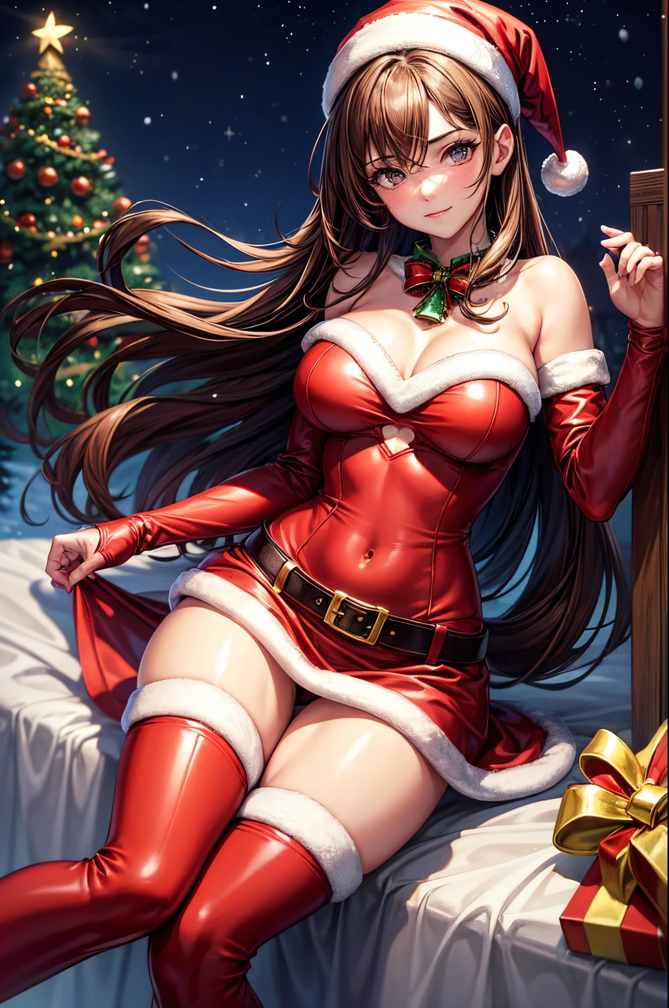 sksbrooke person, sksbrooke, (masterpiece:1.2), (best quality:1.2), perfect eyes, perfect face, 1girl, solo, brown eyes, (medium breasts), perky breasts, seductive look, santa outfit with santa hat and thigh high red boots, nighttime snow village with christmas tree lit in the background