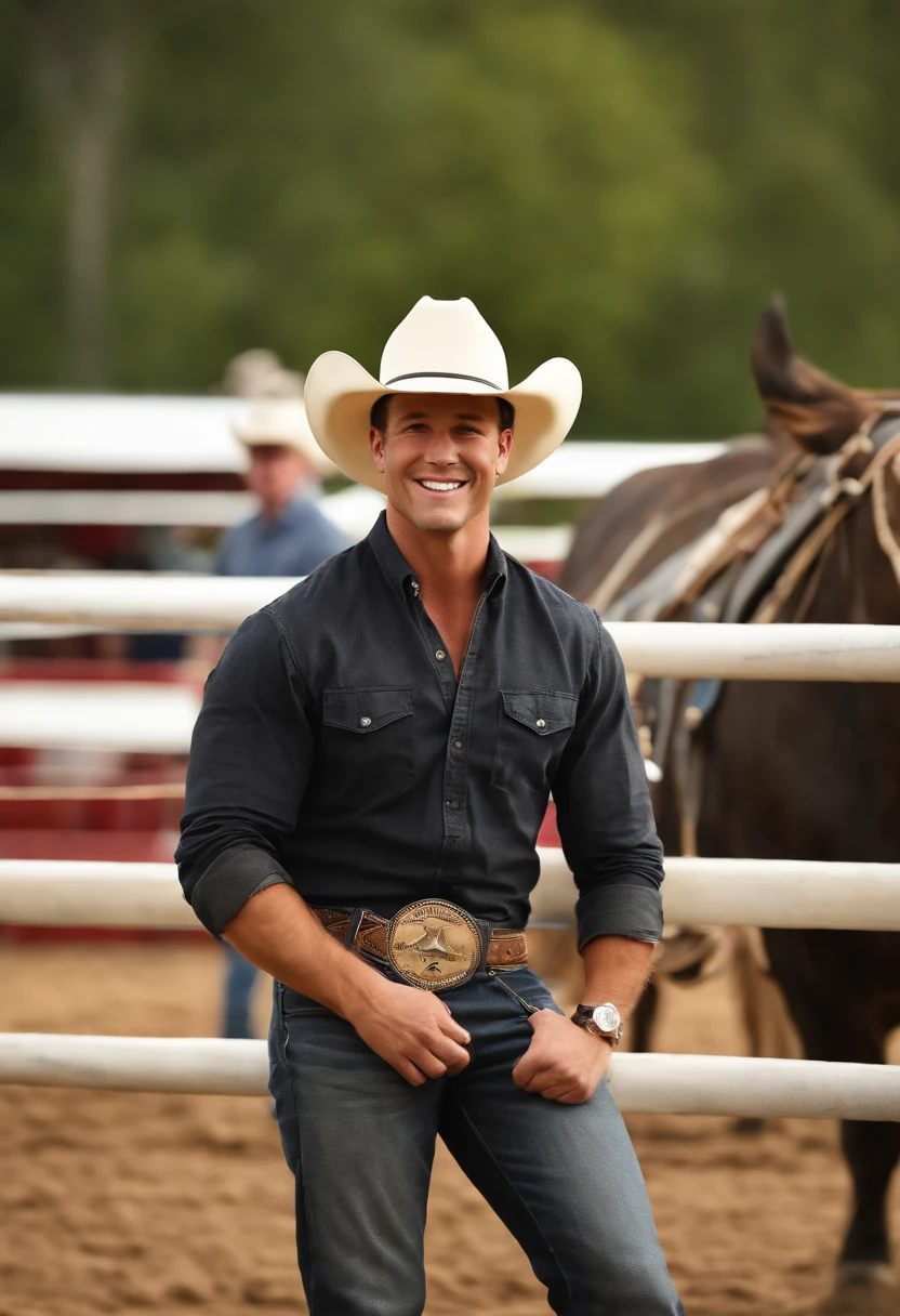 A photo of Cody at a local rodeo, sitting on the fence with a cowboy hat on and a big smile, watching the bull riding competition.,original,Cody “Thunder” Johnson, a fictional NASCAR legend, hails from the heart of Alabama, embodying the spirit of a true Southern country boy. He sports a rugged, unpolished look, often seen with a baseball cap, a casual flannel shirt, and jeans, his demeanor as relaxed and easy-going as his attire. , male