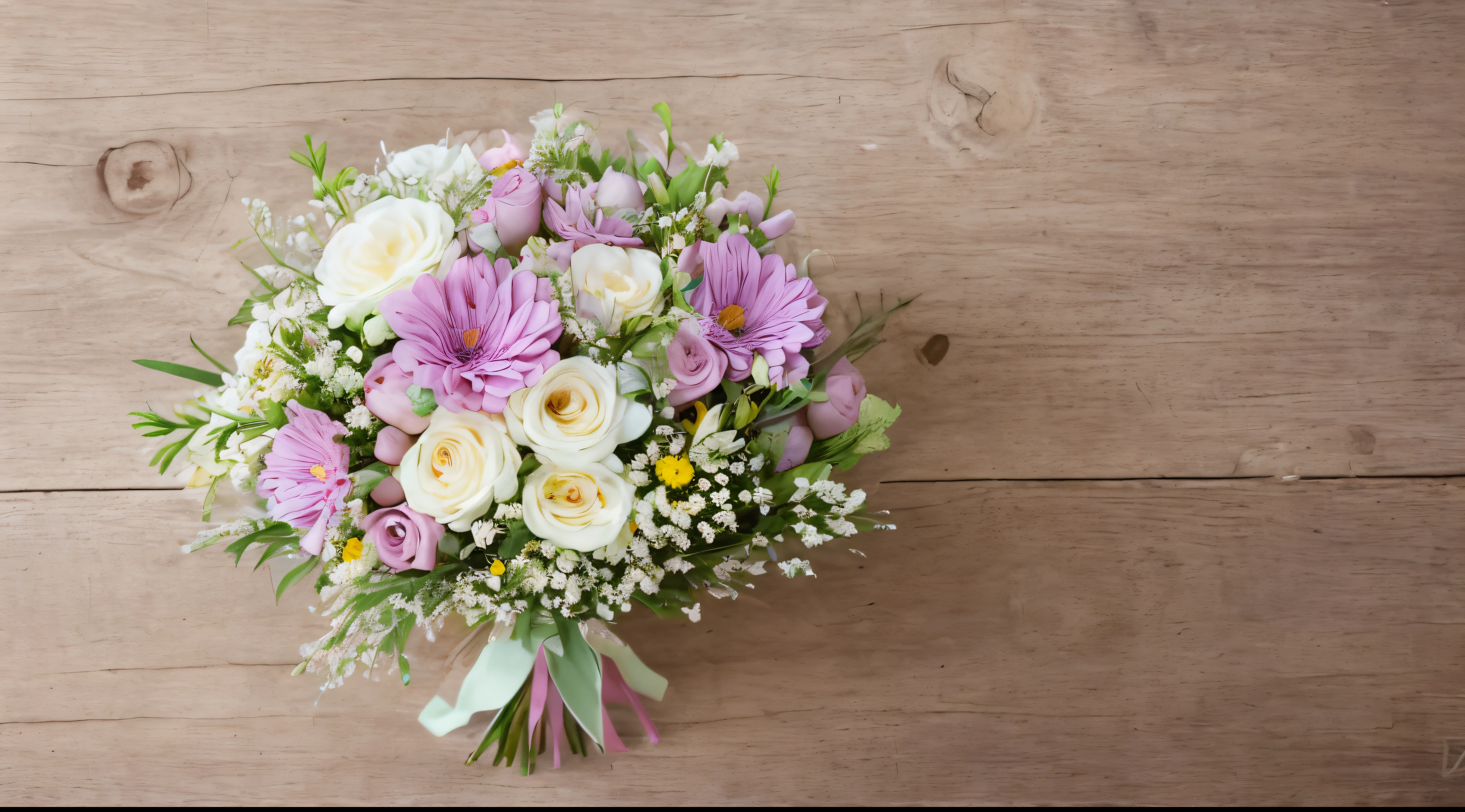 spring flower posy, pastel spring natural flowers, hand tied, laid on rustic table, 14mm f1/8, full bunch, zoom out