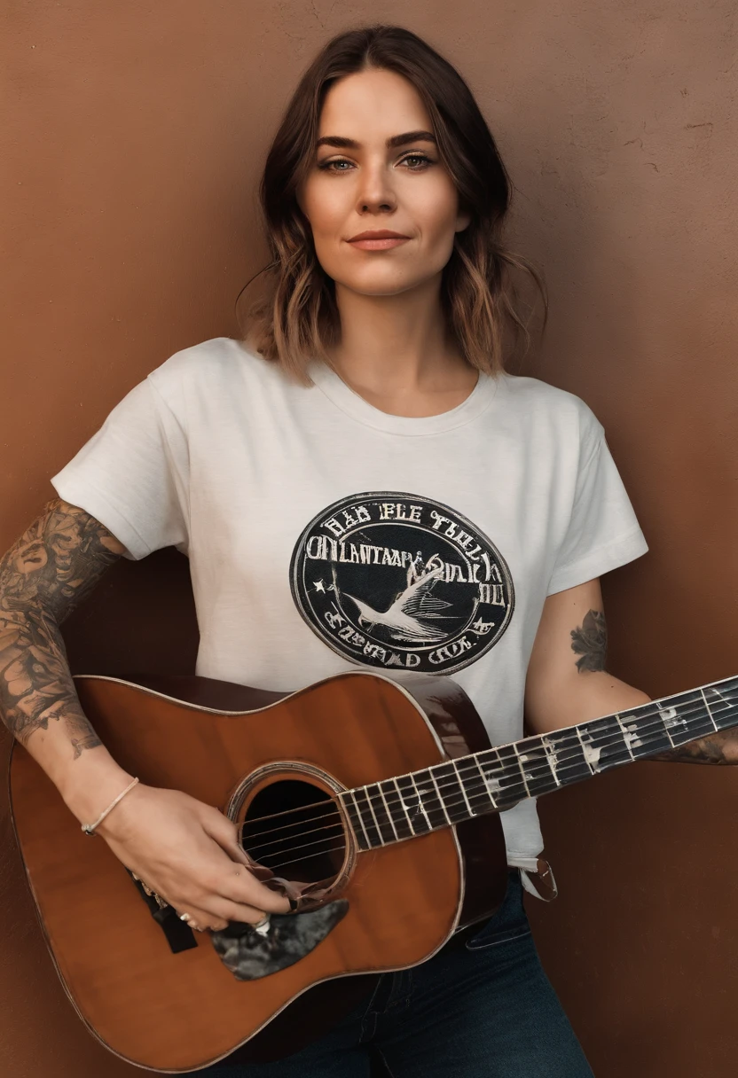 A selfie of Ellie in a vintage rock band t-shirt, holding a guitar and making a rockstar pose.,The Last of Us Part II,Ellie Williams is a white girl with a few freckles, with a medium hairstyle, brown hair. She wears practical and utilitarian clothing that reflects the harsh and post-apocalyptic world. Wearing converse is a must. She has visible scars (one across her right eyebrow) and a tattoo wraps almost completely her right forearm covering her bite mark scar. Her build is slim and athletic. Her facial expression include a determined and sometimes intense expression. Her eyes convey a sense of resilience and determination., female