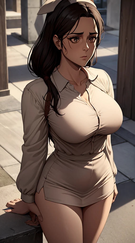 Long black hair, nurse dress, massive sized boobs, thigh legs, nurse cap on her head,short nurse skirt, standing, brown colour eyes,ultra realistic detailed brown eyes, beautiful and perfect face, hospital background, Carla Yeager, black hair