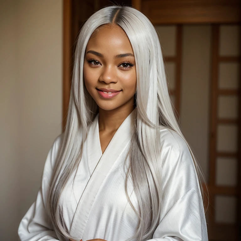 Beautiful black light skin, young woman with long straight white hair, She wears a kimono, she is African but with light skin, She smiles at the camera, very beautiful, like a princess, The image will be completely brightened, Very detailed, including realistic hands and white hair, Le style est photographique, Nikon D850 fuji TX photorealistic, grey eyes, beautiful mixed girl with dark skin, all hair is white, no band in hair, beautiful and young, innocent face, shy and delicate beauty, skin colored like Jenny Park or Rihanna