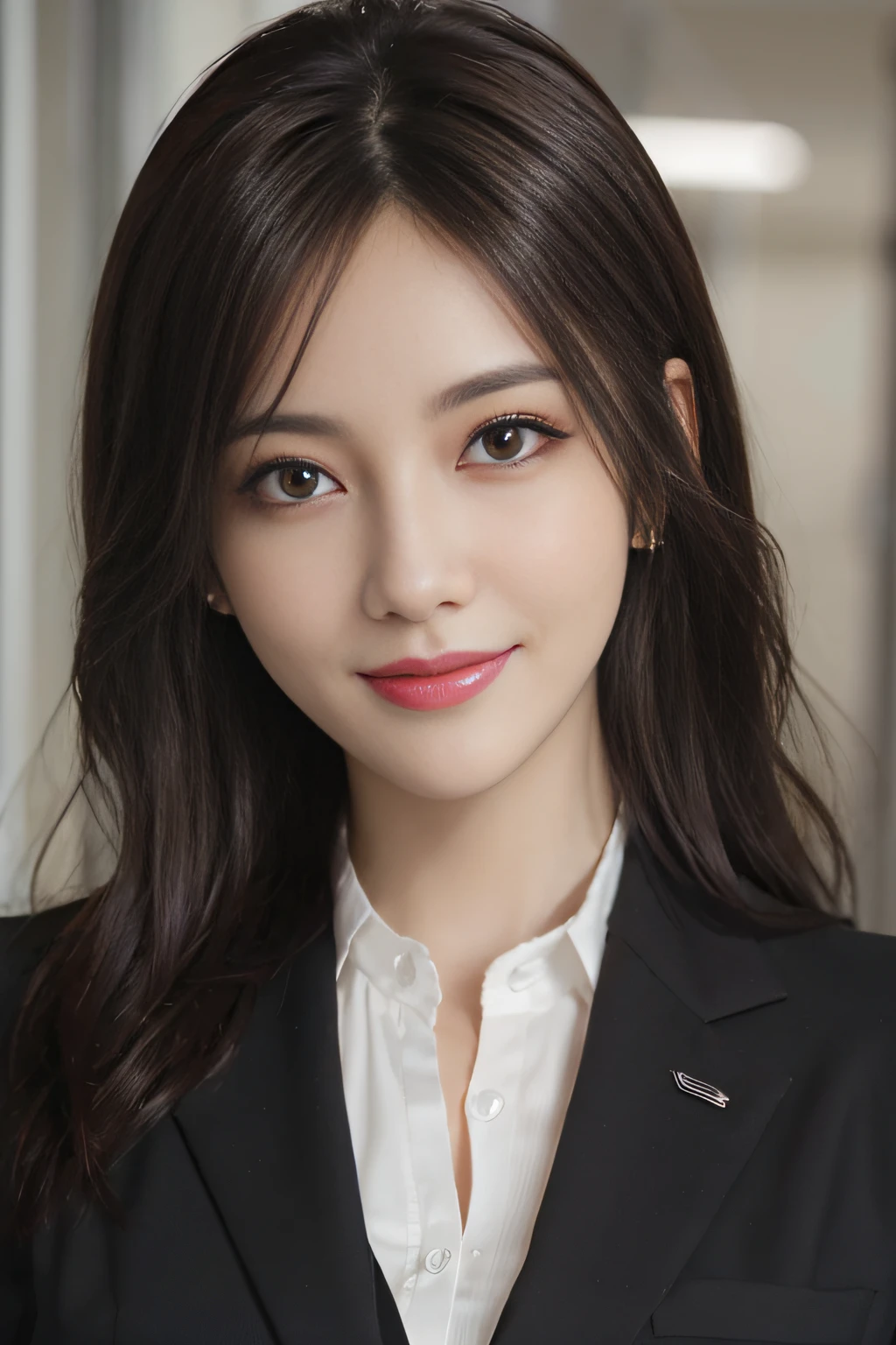 masutepiece, Best Quality, Photorealistic, Ultra-detailed, finely detail, High resolution, 8K Wallpaper, 1 beautiful woman,, light brown messy hair, in a business suit, foco nítido, Perfect dynamic composition, Beautiful detailed eyes, detailed hairs, Detailed realistic skin texture, Smiling, Close-up portrait, Model body type