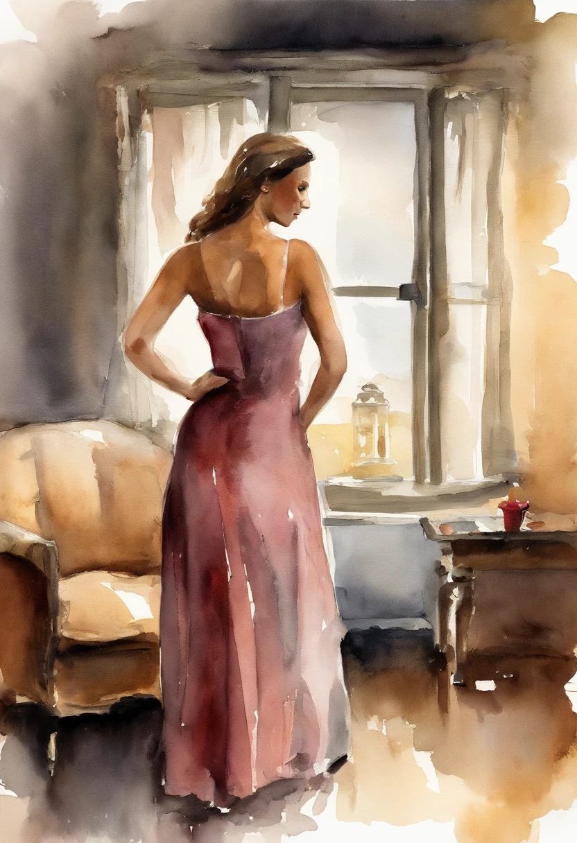 "Draw a scene with a woman with a well-defined body in a low-light motel room, the focus is on her face, with the background blurred. She is wearing a dress that reveals the design of her semi- body. The scene has a dark and mysterious atmosphere, as if it were the cover of a music album."