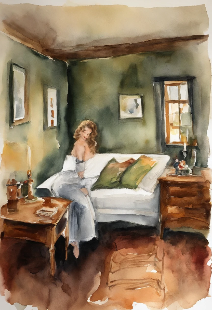 "Draw a scene with a woman with a well-defined body in a low-light motel room, the focus is on her face, with the background blurred. She is wearing a dress that reveals the design of her semi- body. The scene has a dark and mysterious atmosphere, as if it were the cover of a music album."