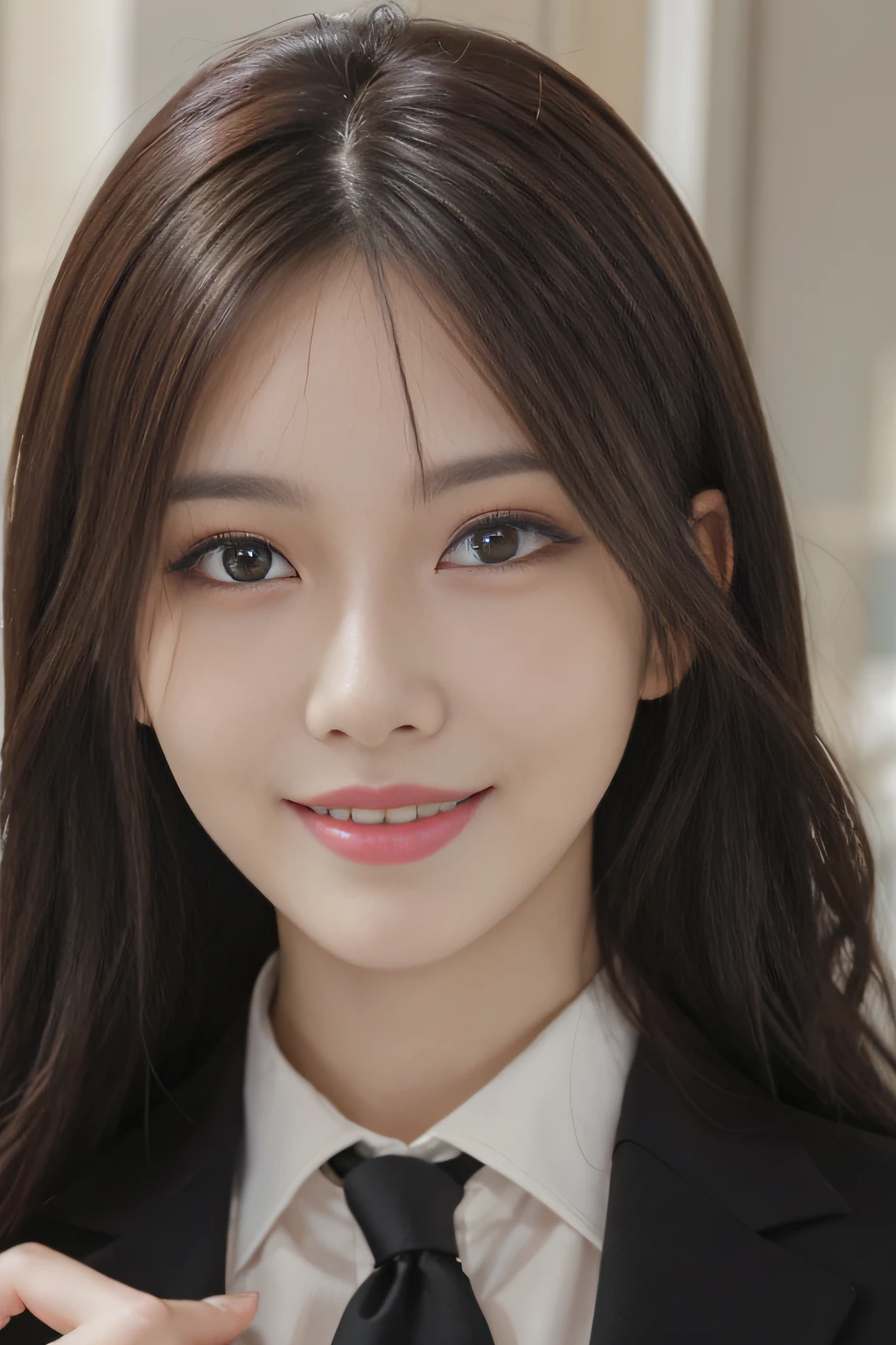 masutepiece, Best Quality, Photorealistic, Ultra-detailed, finely detail, High resolution, 8K Wallpaper, 1 beautiful woman,, light brown messy hair, in a business suit, foco nítido, Perfect dynamic composition, Beautiful detailed eyes, detailed hairs, Detailed realistic skin texture, Smiling, Close-up portrait, Model body type