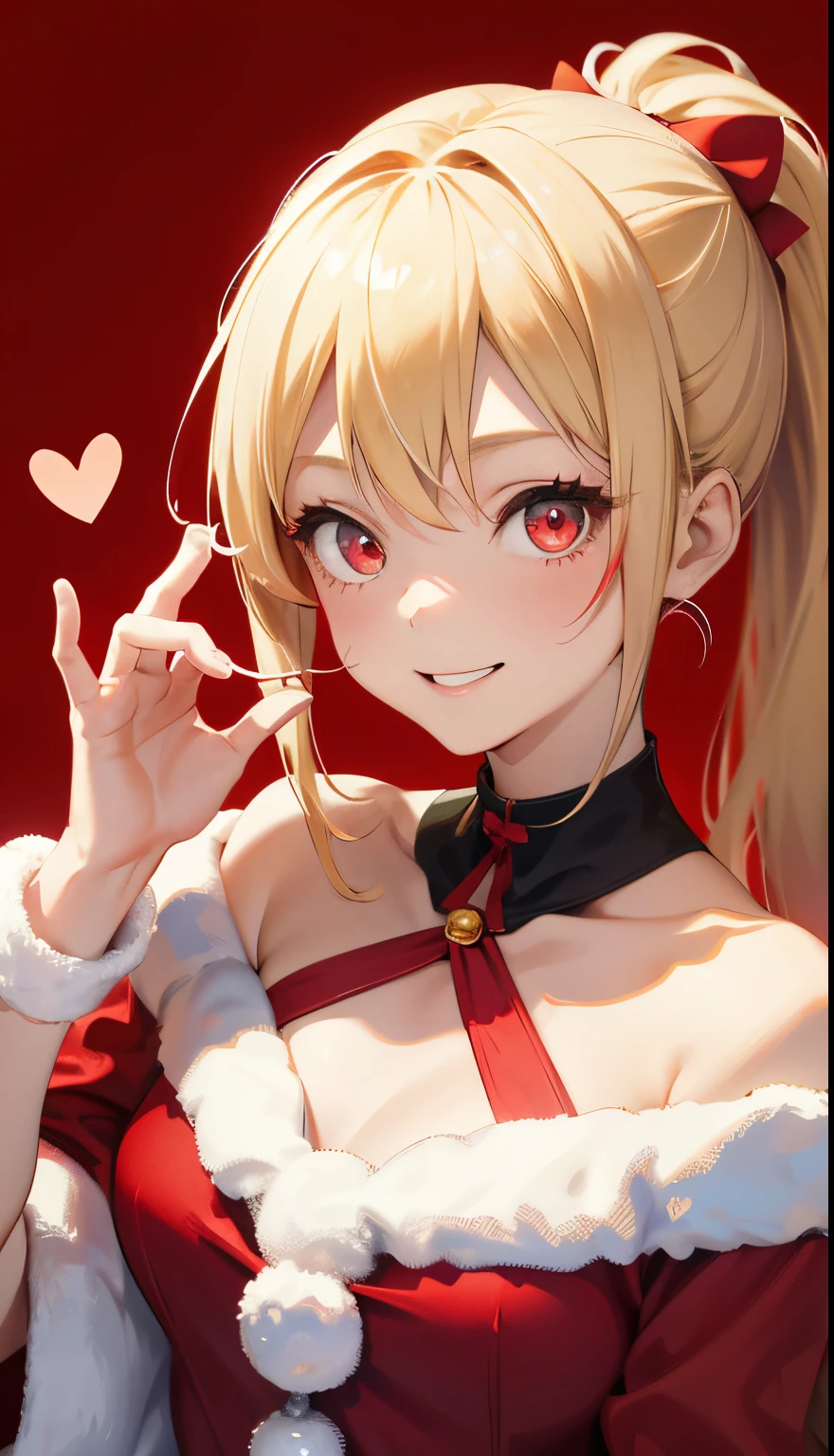 1girl in、a blond、Pony tail、Red Eyes、small tits、A smile、Laugh、Christmas、Dressed in Santa Claus costume、Colors based on red and green