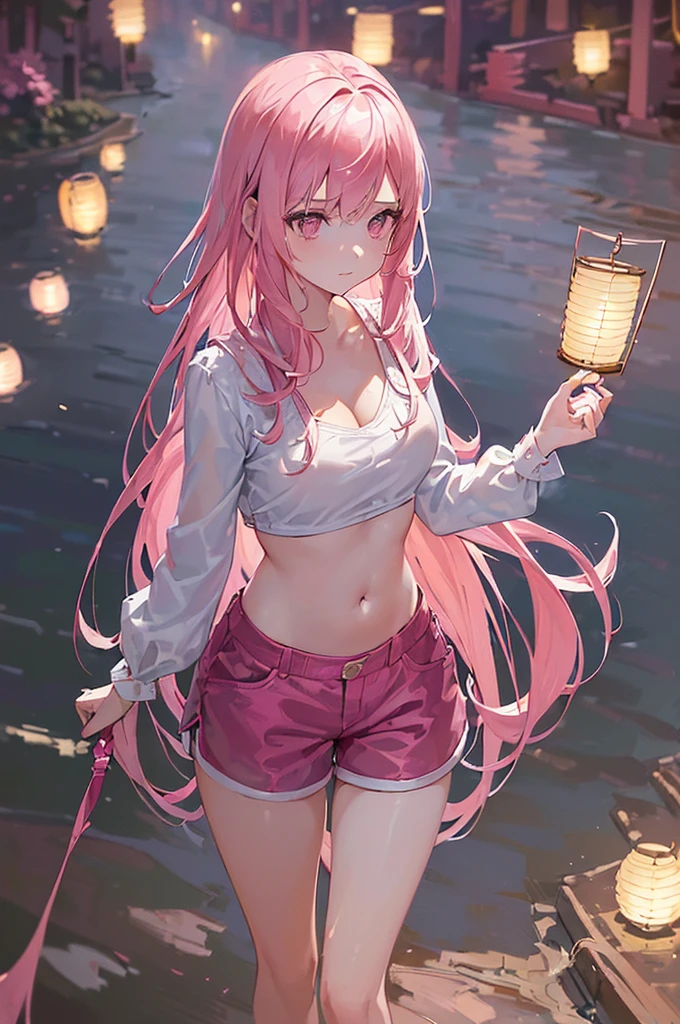 ((1girl, pink hair, glossy hair, long hair, white top crop, cleavage, navel, dixie shorts, ducked, river, night time, lanterns at her side, intricate, elegant, highly detailed, digital painting), Celestial Filigree, (Accent Lighting)), 8K, (rich symbolism:1.2), (High Contrast), (150 mm)