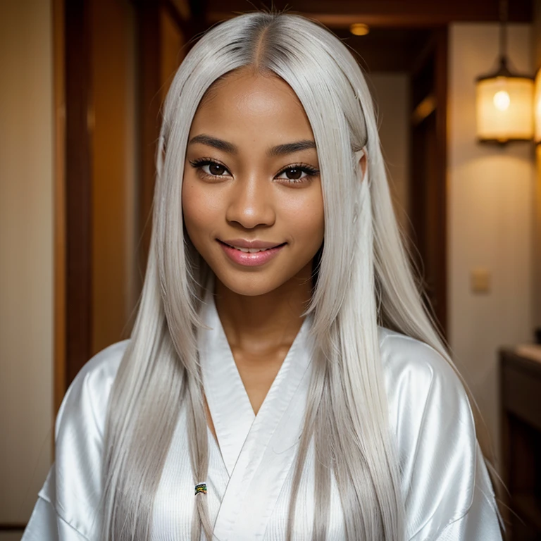 Beautiful black light skin, young woman with long straight white hair, She wears a kimono, she is African but with light skin, She smiles at the camera, very beautiful, like a princess, The image will be completely brightened, Very detailed, including realistic hands and white hair, Le style est photographique, Nikon D850 fuji TX photorealistic, grey eyes, beautiful mixed girl with dark skin, all hair is white, no band in hair, beautiful and young, innocent face, shy and delicate beauty, skin colored like Jenny Park