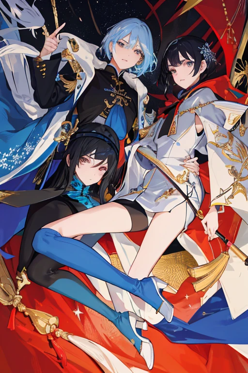 ((tmasterpiece:1.4,Best quality))++,(hyper-detailing)+,(Best quality,hyper-detailing,vibrant with colors,rich colourful,dynamic angle,hight contrast:1.2),schoolboy,Height is about 170cm,with short black hair,Dark blue headband on the back of the head,Left eye ice blue,The right eye is golden,Clothes that combine Chinese style with modern style,One long sleeve and one short sleeve,Wear black thigh-high boots,black cloak,Sabre at the waist,Looks proud,Draw the whole body in the picture,Bangs parted in the middle and rolled inwards,Stars and snowflake elements on the clothing,Secondary disease,Fashionab, with dynamism, garments, posing on a, frontage, rich colourful, dyna, Background with, element in, self-assured, Expressing the, statement, fittings, A majestic, coil, Runt, Scenes, Cover of a, boldness, attention-grabbing,Fashionab, typeface, Catchy, attention-grabbing, modern day, Fashionab, focal, Fashionab,delicated face,exquisite facial features,National tide,modern national style background