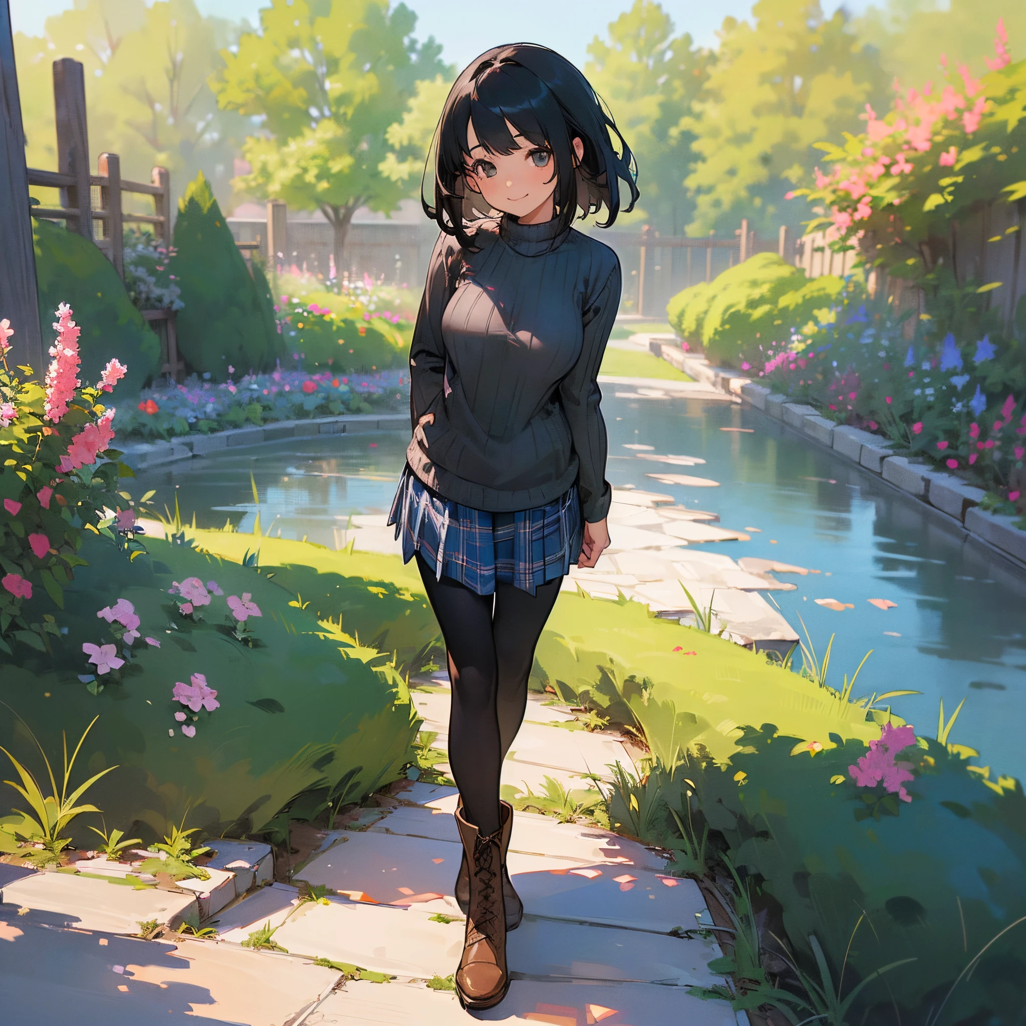 (High quality, High resolution, Ultra-detailed, Realistic:1.37), peaceful ambiance, (plein air, garden), Teenage girl standing alone, (My breasts are big.), Beautiful detailed features, Cute smile, (Black bob hair), Ribbed sweater, blue plaid skirt, Black tights, Brown boots.