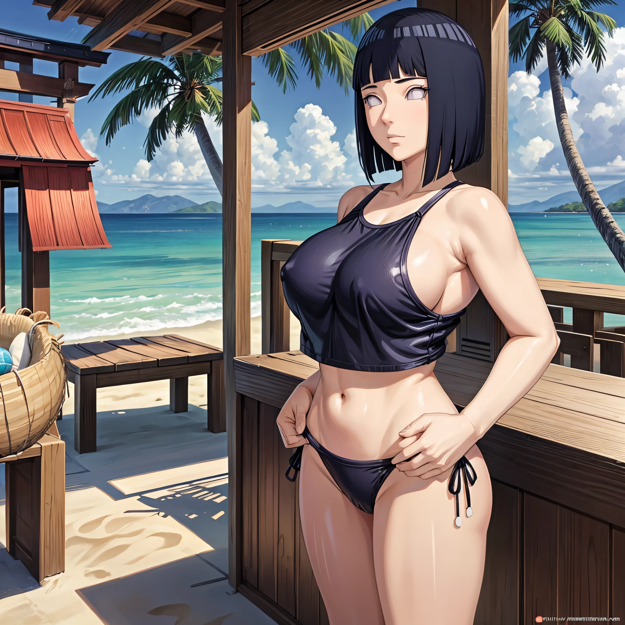Hinata wears a tiny tight bikini over her huge tits.., I' I feel uncomfortable, Standing by the beach, Hands Behind Your Back, Masterpiece , hyper detailed