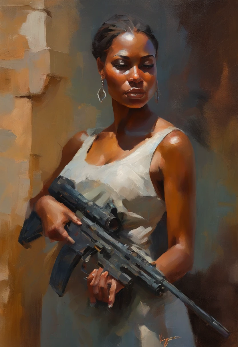 here is a woman holding a gun in front of a building, there is a woman holding a gun in front of a building, digital art by Jorge Jacinto, Artstation, afrofuturism, rob rey, extremely high quality artwork, beautiful artwork, stunning artwork, full art illustration, black woman, , acrylic painting, bold and expressive brushwork, impressionistic style, detailed face, epic surreal background, very heavy brushstrokes with thick textured paint, expert lighting and shadows, high contrast, fine art painting, Art painted by Wadim Kashin, Terese Nielsen, her husband Cliff Nielsen and Chris Moeller