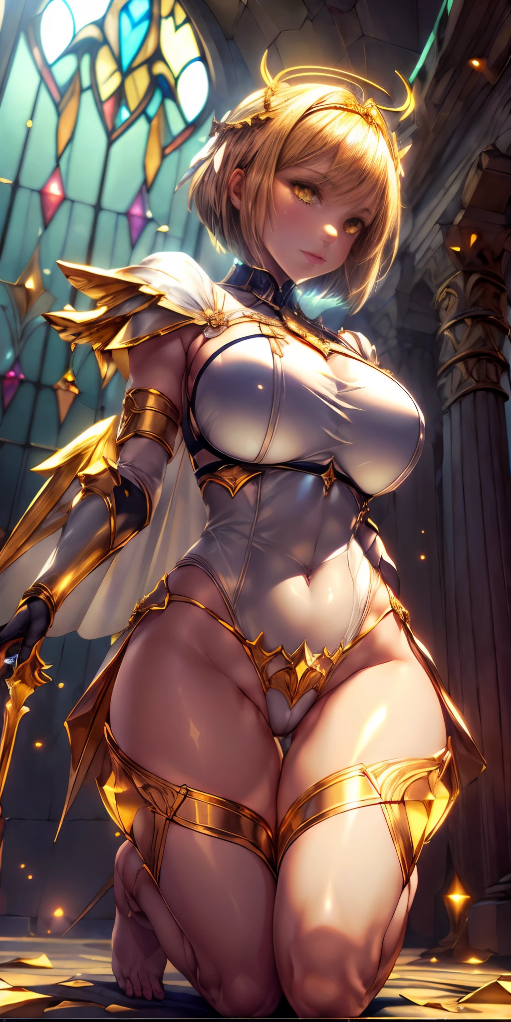 low angles, from below, Paladin Templar lady wearing white tabard, Hosiery, glowing bright yellow eyes, collars, Gold chainmail, Wide hips, The barefoot, the angel's wings, Shoulder blades, The halo, Bob Che, The blonde, Eye focus, redcloak, temple indoor, decor, stained glass window, the night, Particle, color difference, Detailed pubic hair, Cinematic, Dark scene, fanciful