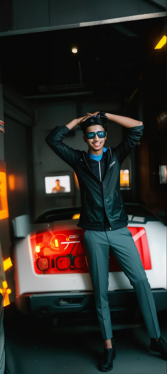 Real face, Cyberpunk, man with goggles on his eyes, realistic background and with a happy expression, with a beautifull eyes, with accurate face, around 1 9 years old, jayison devadas, wearing goggles, without helmet, good looking face, insane attitude , 8k selfie photograph, selfie photo, front profile!!!!, ayan nag, lovely smile, friendly smile cyberpunk